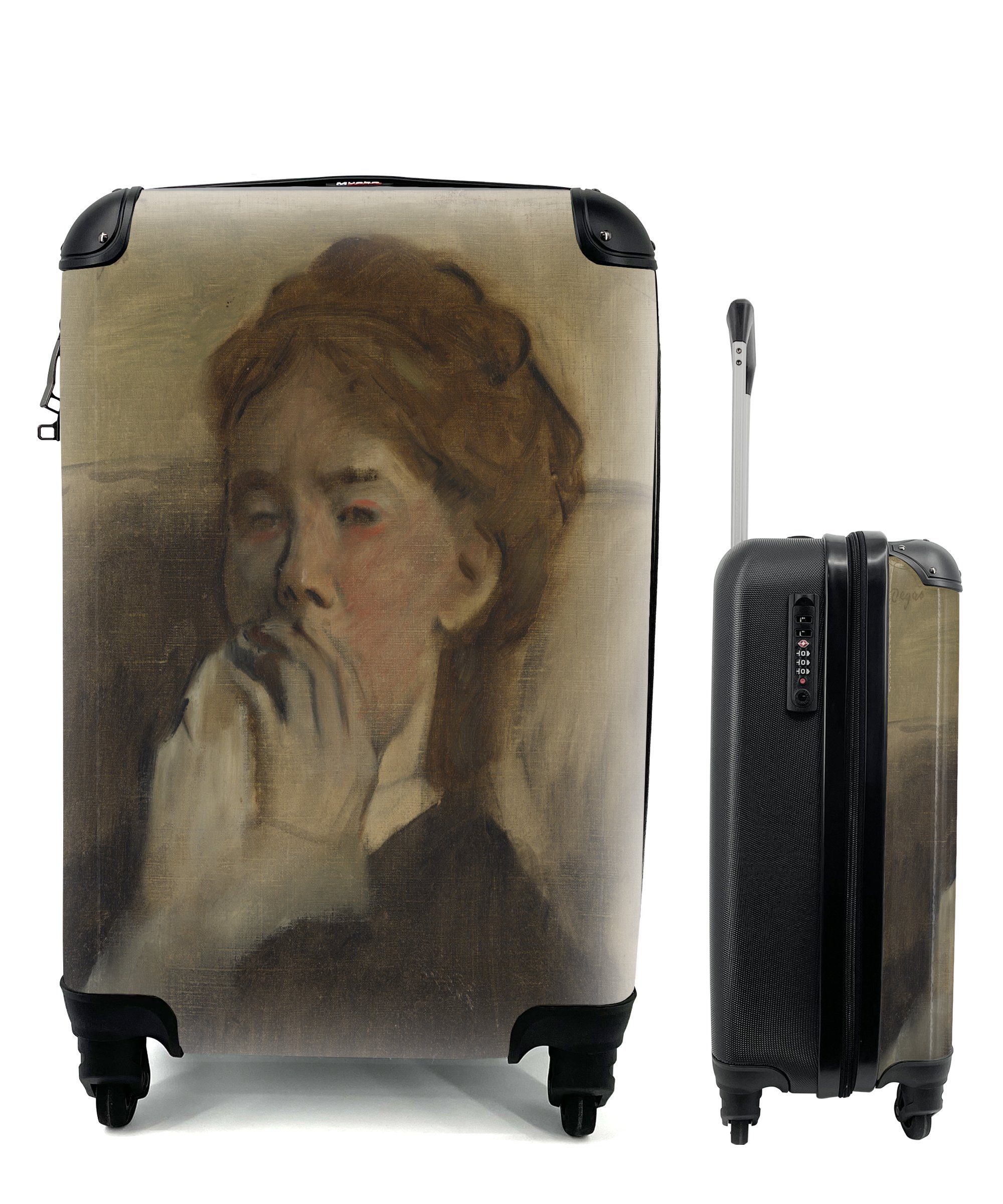 MuchoWow Handgepäckkoffer Junge Frau mit der Hand vor dem Mund - Gemälde von Edgar Degas, 4 Rollen, Reisetasche mit rollen, Handgepäck für Ferien, Trolley, Reisekoffer