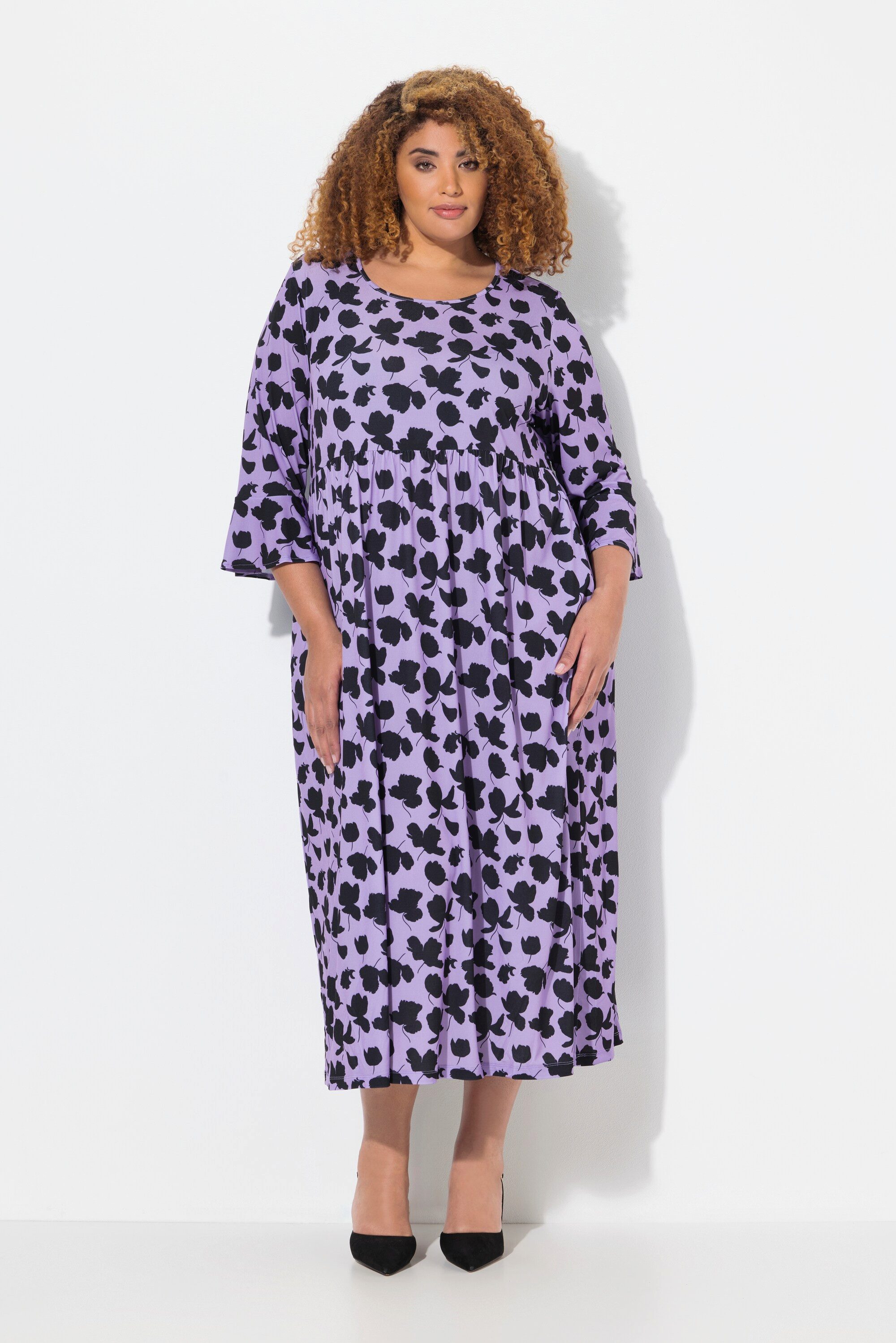 Ulla Popken Maxikleid Jerseykleid A-Linie Rundhals 3/4-Volantärmel