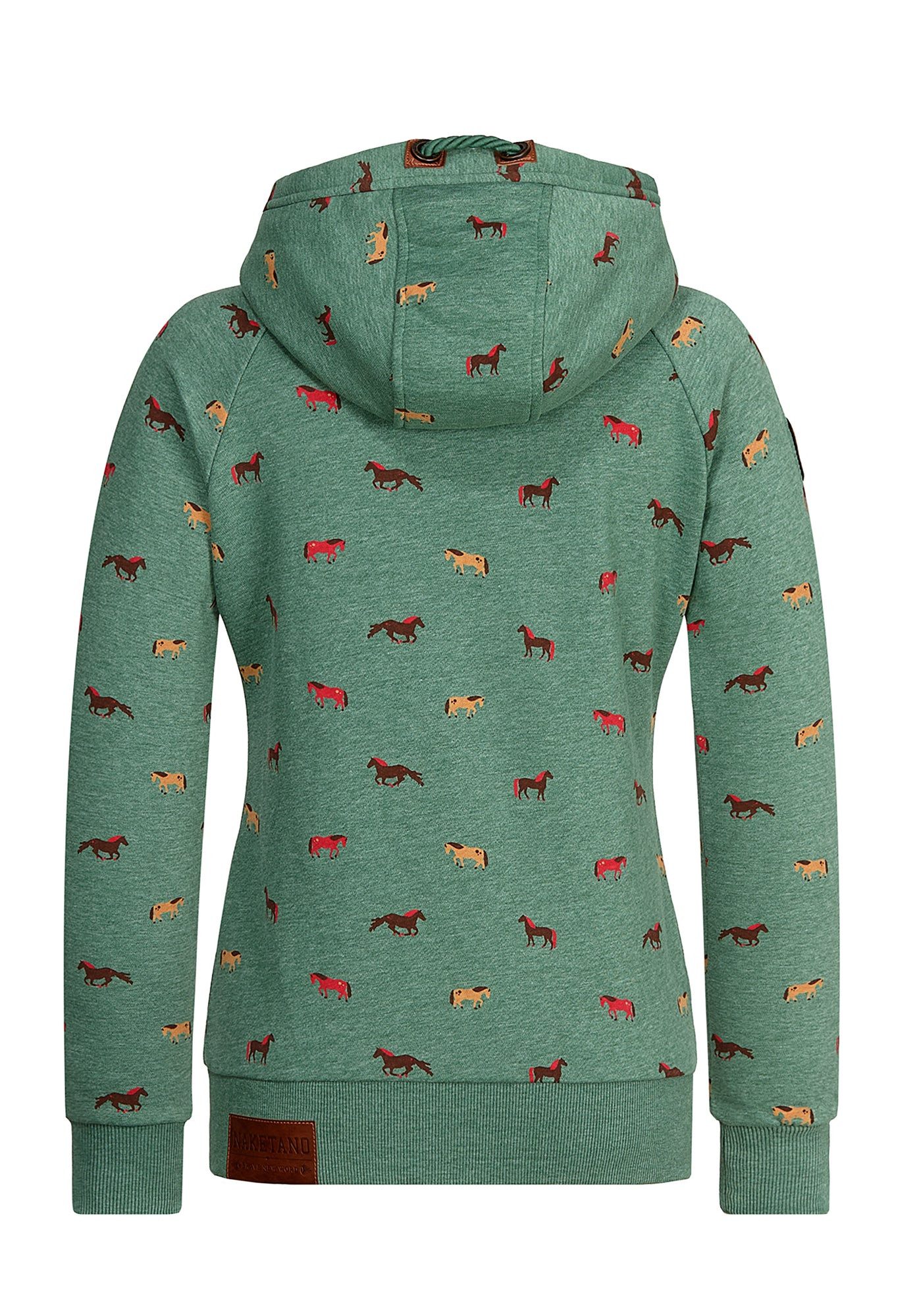 naketano Sweatjacke Damen mit Kapuze, Kängurutasche, tailliert, melierte Sweatware, Raglan Kordelzug, Rippbündchen, Kunstleder-Logo, casual, Streetwear, Langarm