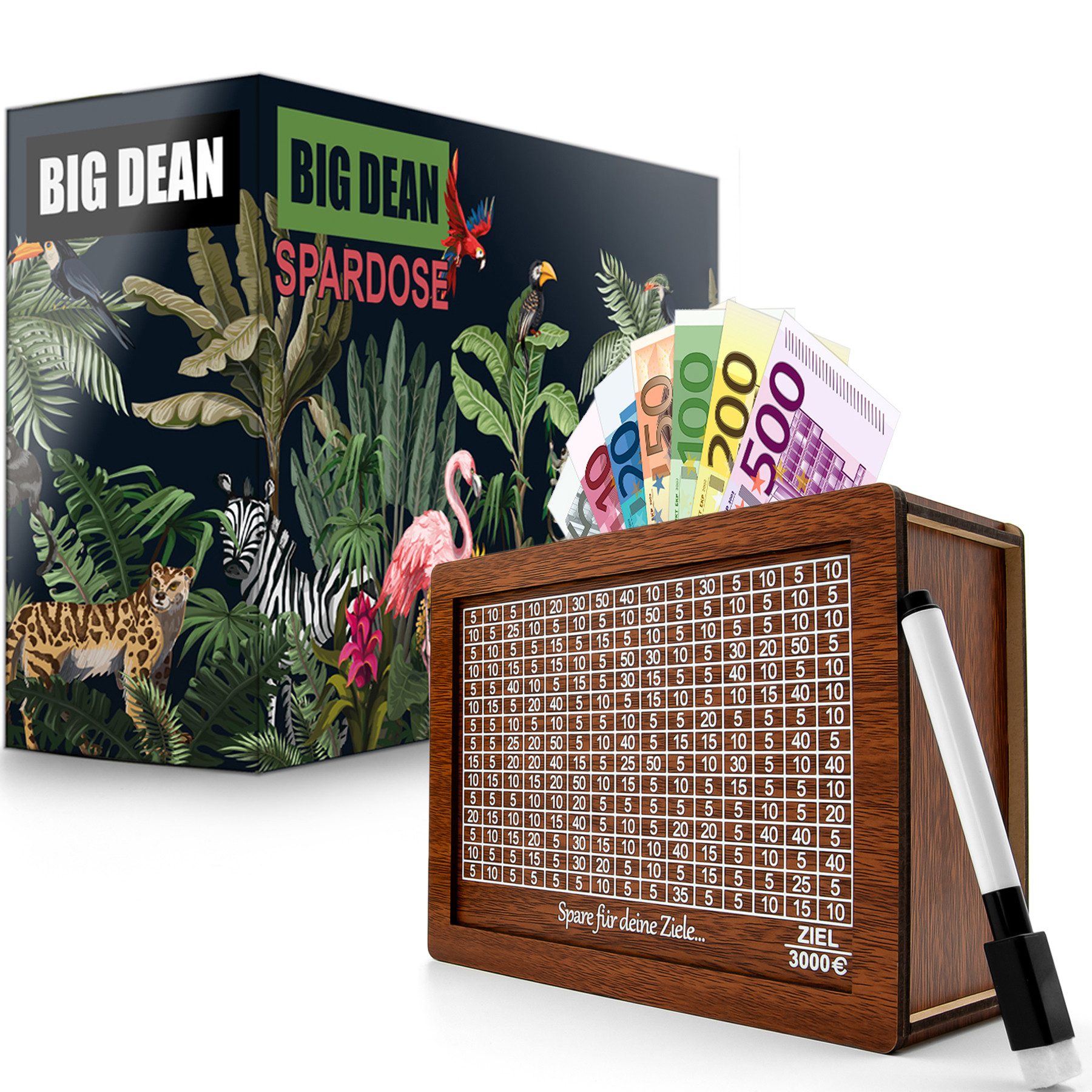 BigDean Spardose Spardose mit Ziel 3000€ aus Holz – Sparbox in Geschenkverp günstig online kaufen