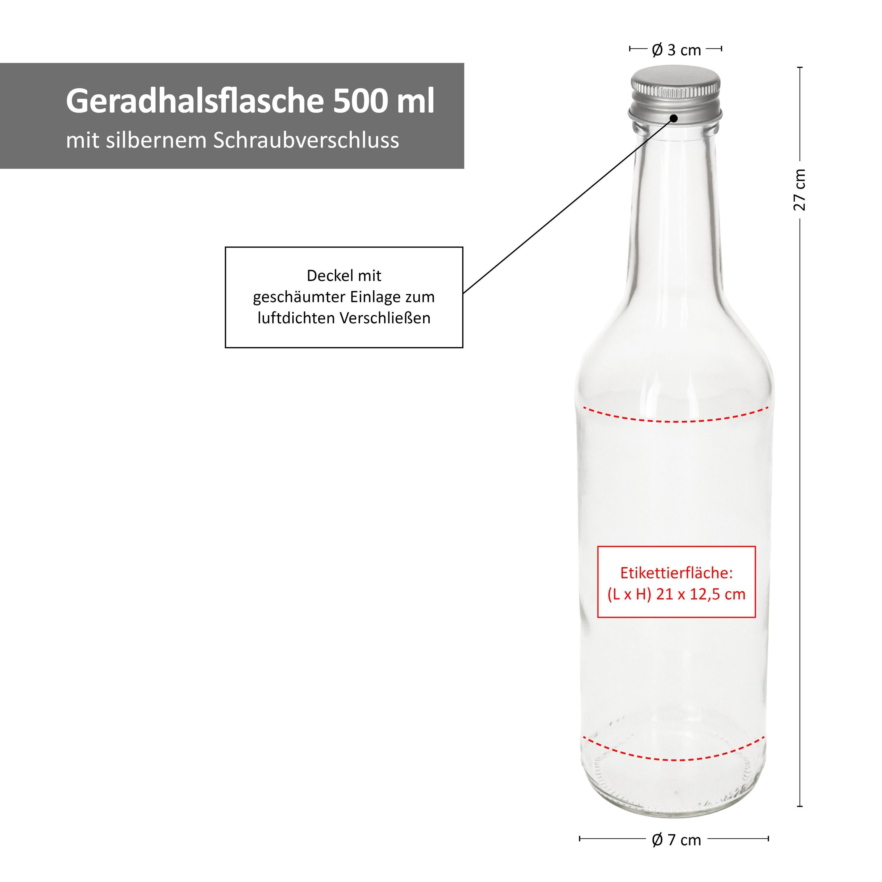 Geradhalsflasche + Einmachglas MamboCat Deckel PP Silber, 6er Schraubverschluss Set Glas 28 500ml