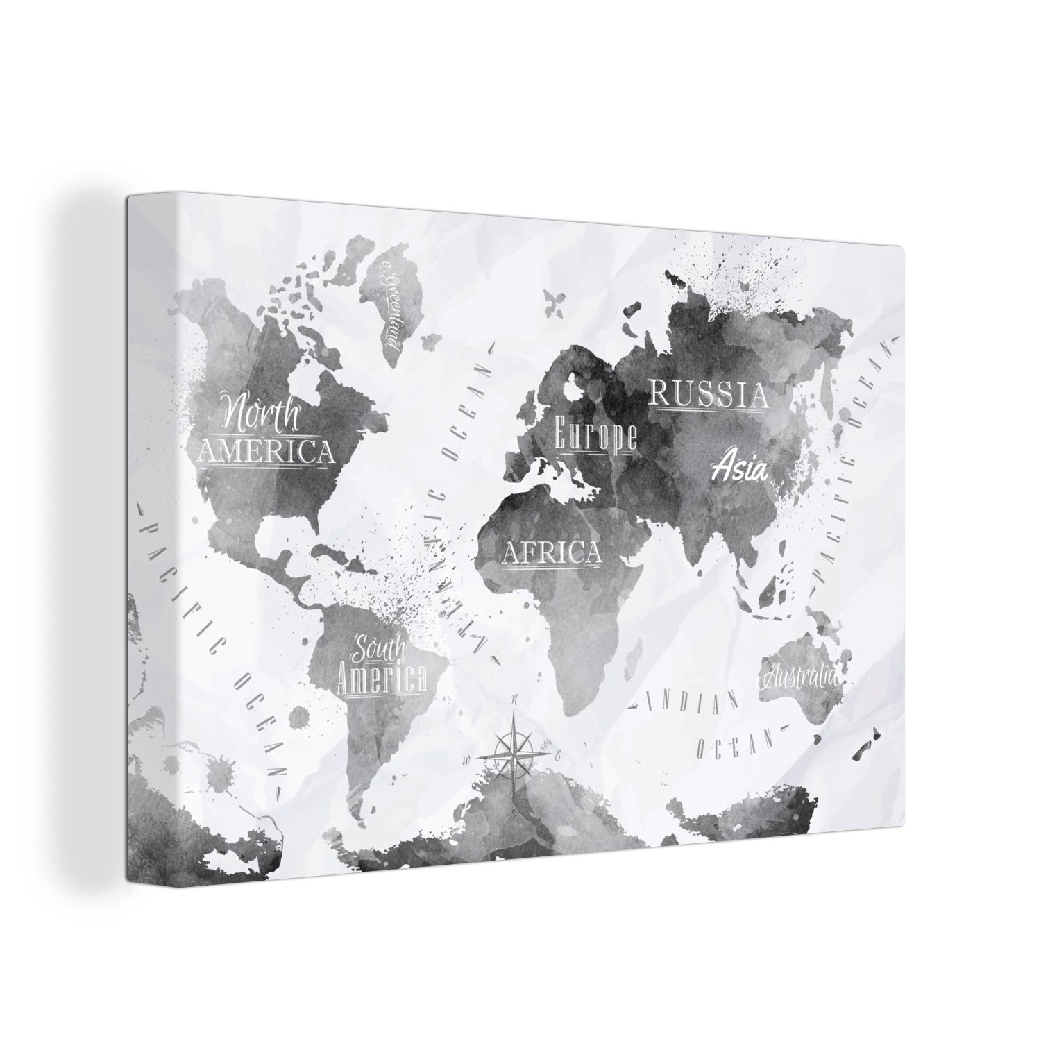 OneMillionCanvasses® Leinwandbild Weltkarte - Schwarz - Ölfarbe, (1 St), Wandbild Leinwandbilder, Aufhängefertig, Wanddeko, 30x20 cm