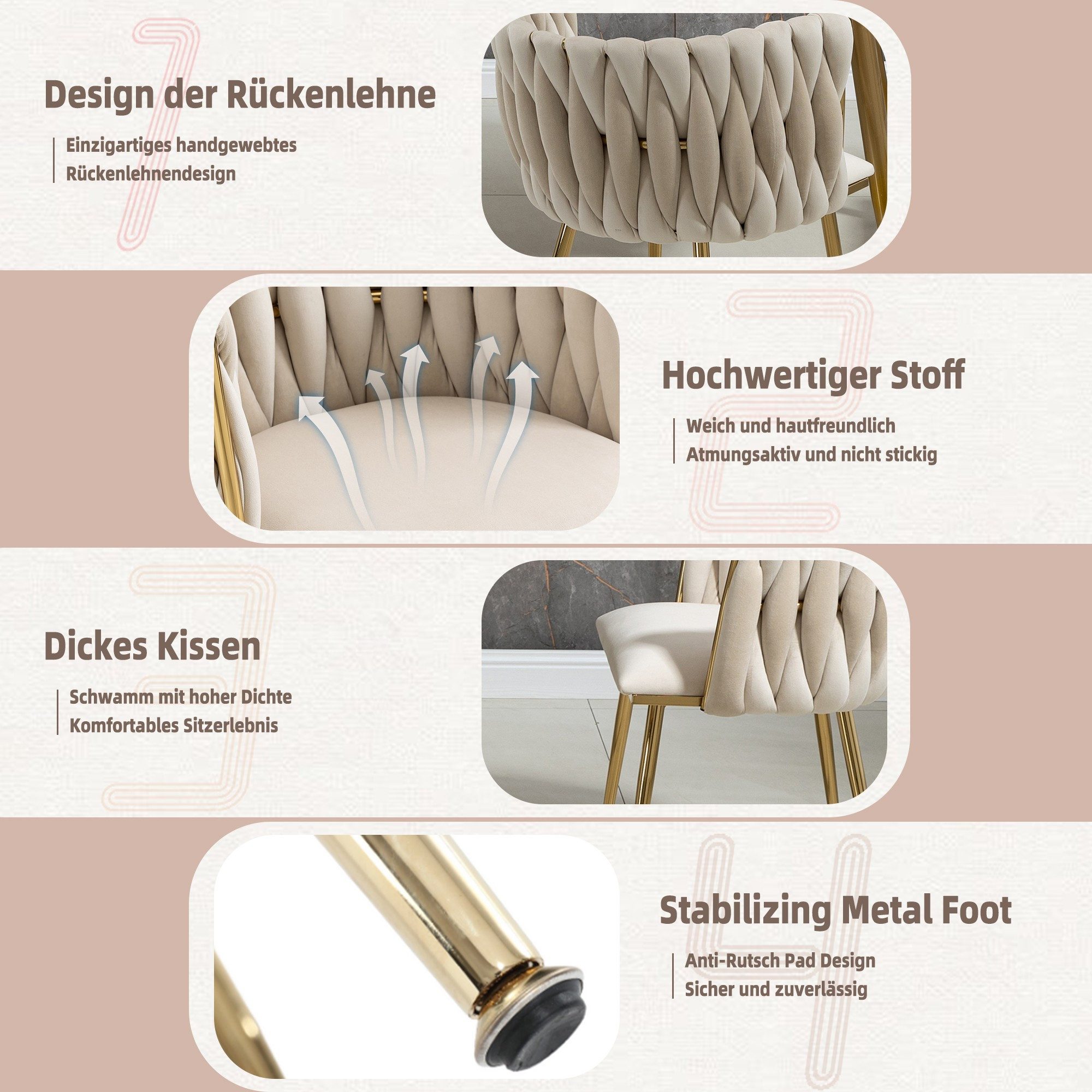 LVHOM Esszimmerstuhl Set mit runden Rückenlehne, Wohnzimmerstuhl aus Samt (Goldene Stuhlbeine & Rahmen, Geflochtener Stil, mehrere Farboptionen, 6 St), 2/4/6 St – Bild 5 von 5