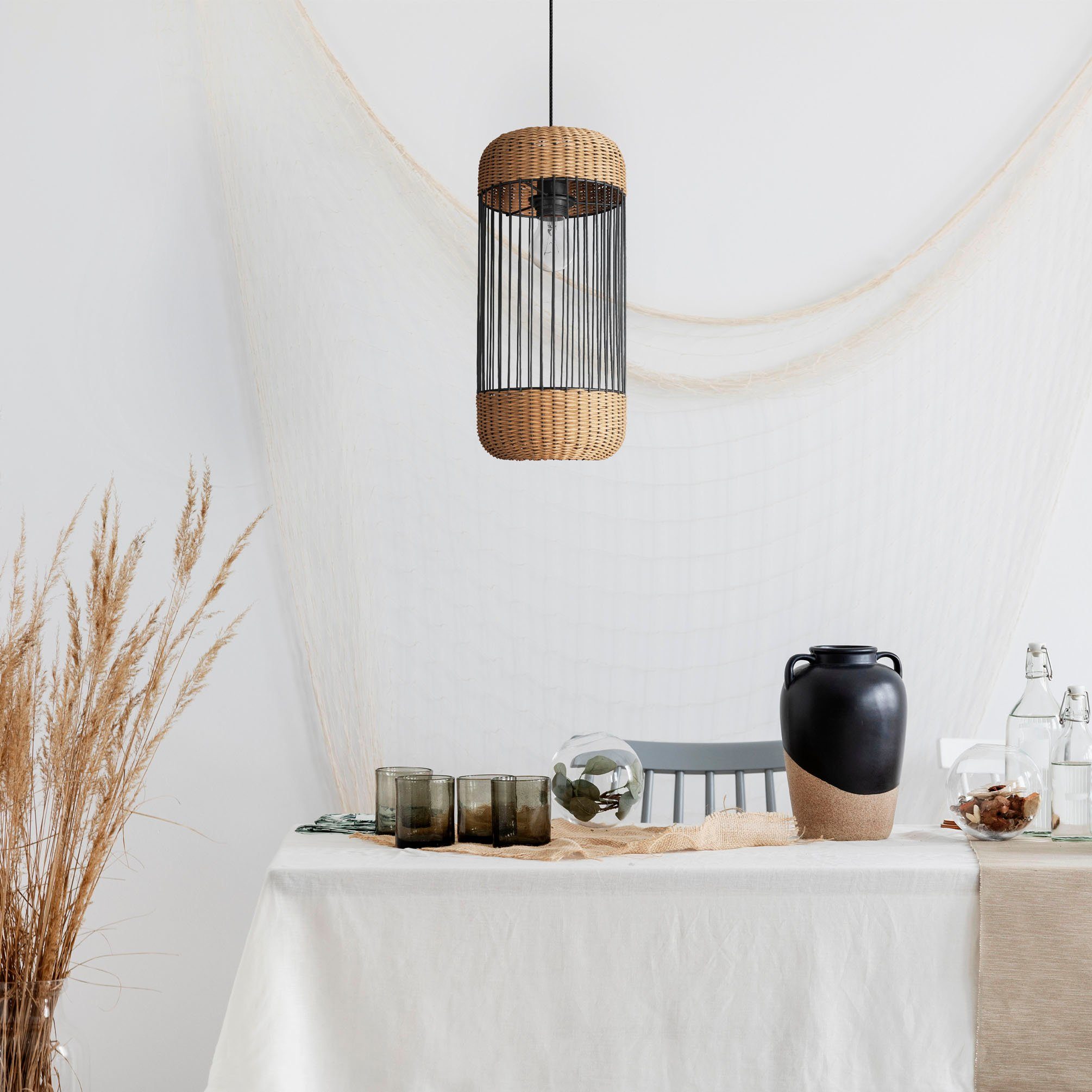 Pendelleuchte Zylinder Boho Rattan Home Esszimmer E27 PUSTA, Pendelleuchte Lampe ohne Rustikal Leuchtmittel, Paco