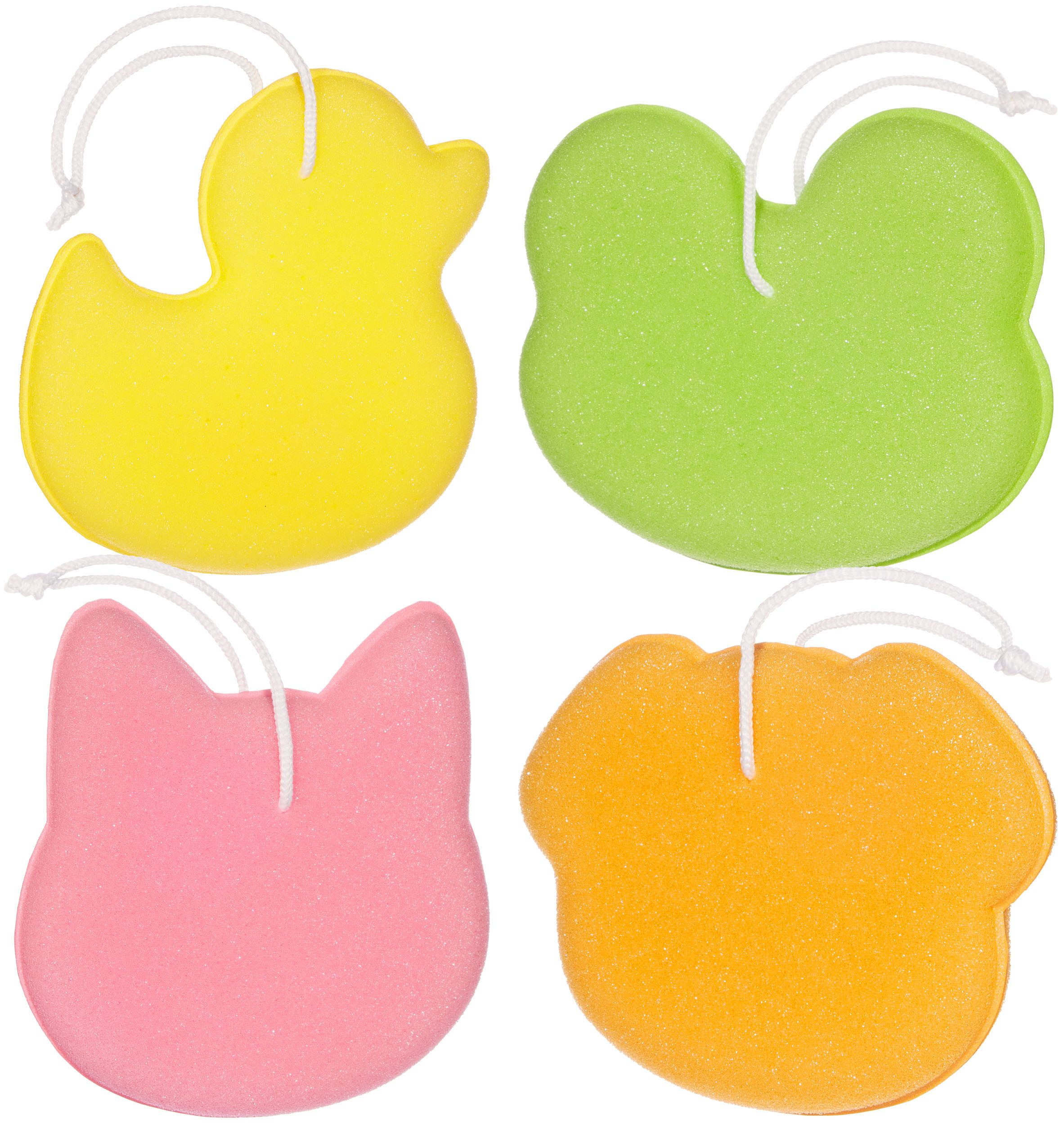 BRUBAKER Duschschwamm Badeschwamm Set Tiere - Ente, Frosch, Hund und Katze, 4-tlg., 25 g Badeknäuel Körperreinigungsschwamm für Kinder und Erwachsene