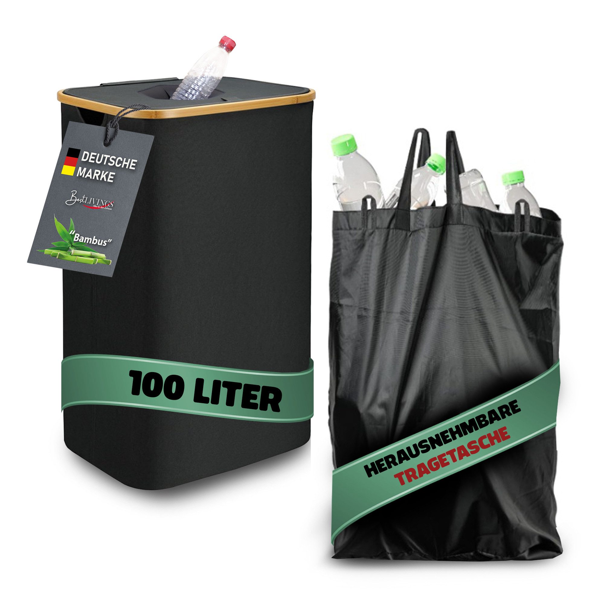 Bestlivings Flaschensammler mit Bambusrahmen für Leergut (100L), 44x33x70 cm, 100% Polyester, inkl. abnehmbare integrierte Tragetasche