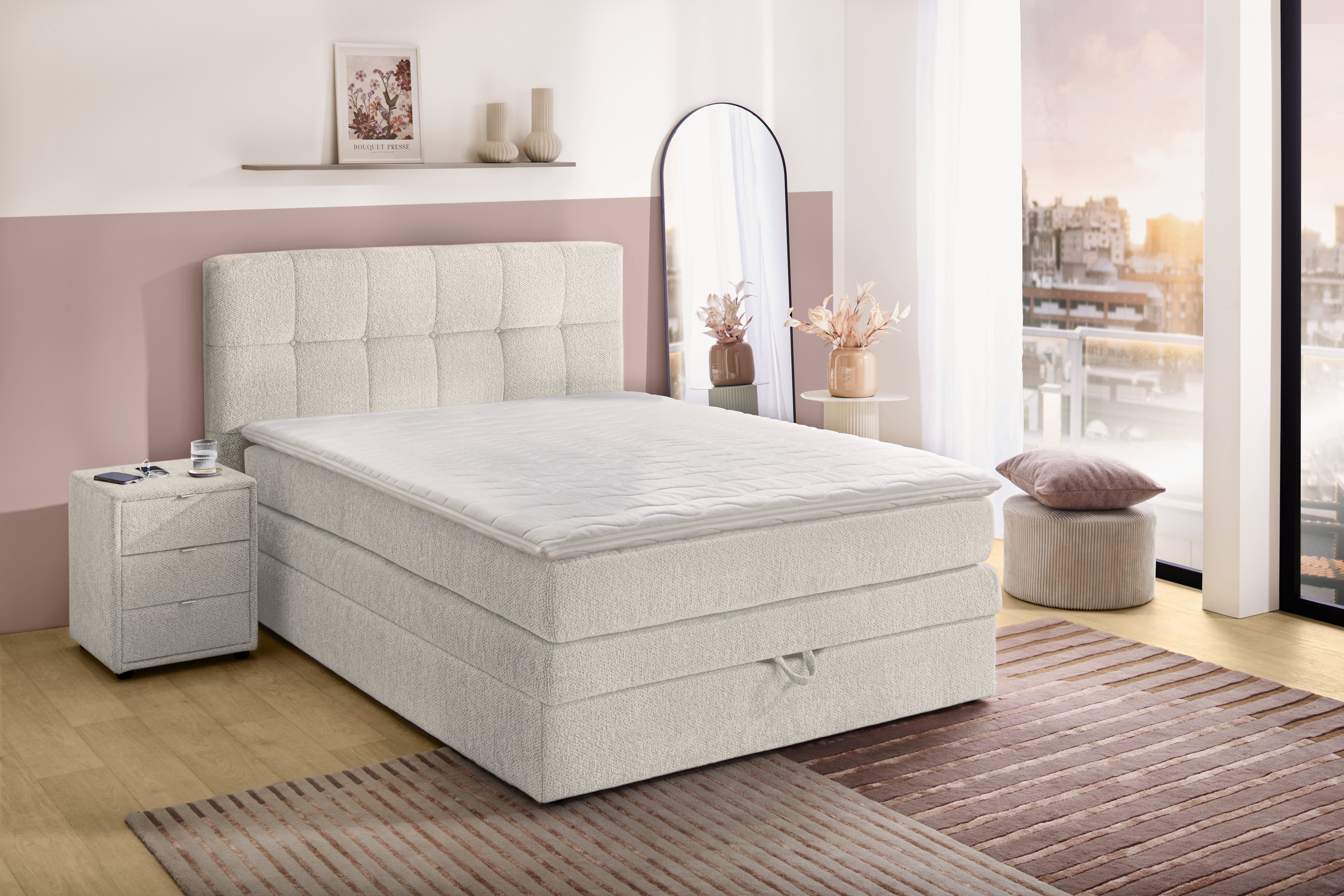 Jockenhöfer Gruppe Boxspringbett AMY mit Bettkasten, inkl. Bonnell- oder Taschenfederkernmatratze H2-H4, mit 6 cm Kaltschaum-Topper, Chenille-Bezug, 120x200 und 140x200 cm