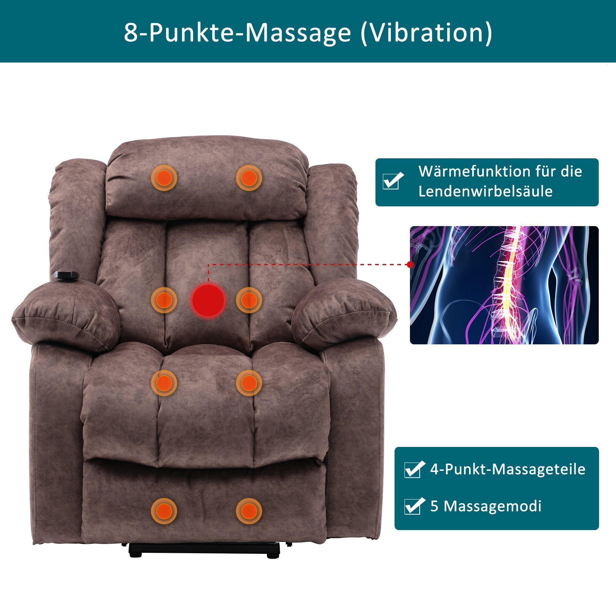 Merax und Aufstehhilfe und Liegefunktion, Vibraiton, mit Wärme mit Relaxsessel Fernsehsessel Massagesessel Schokolade Elektrisch TV-Sessel relaxfunktion,