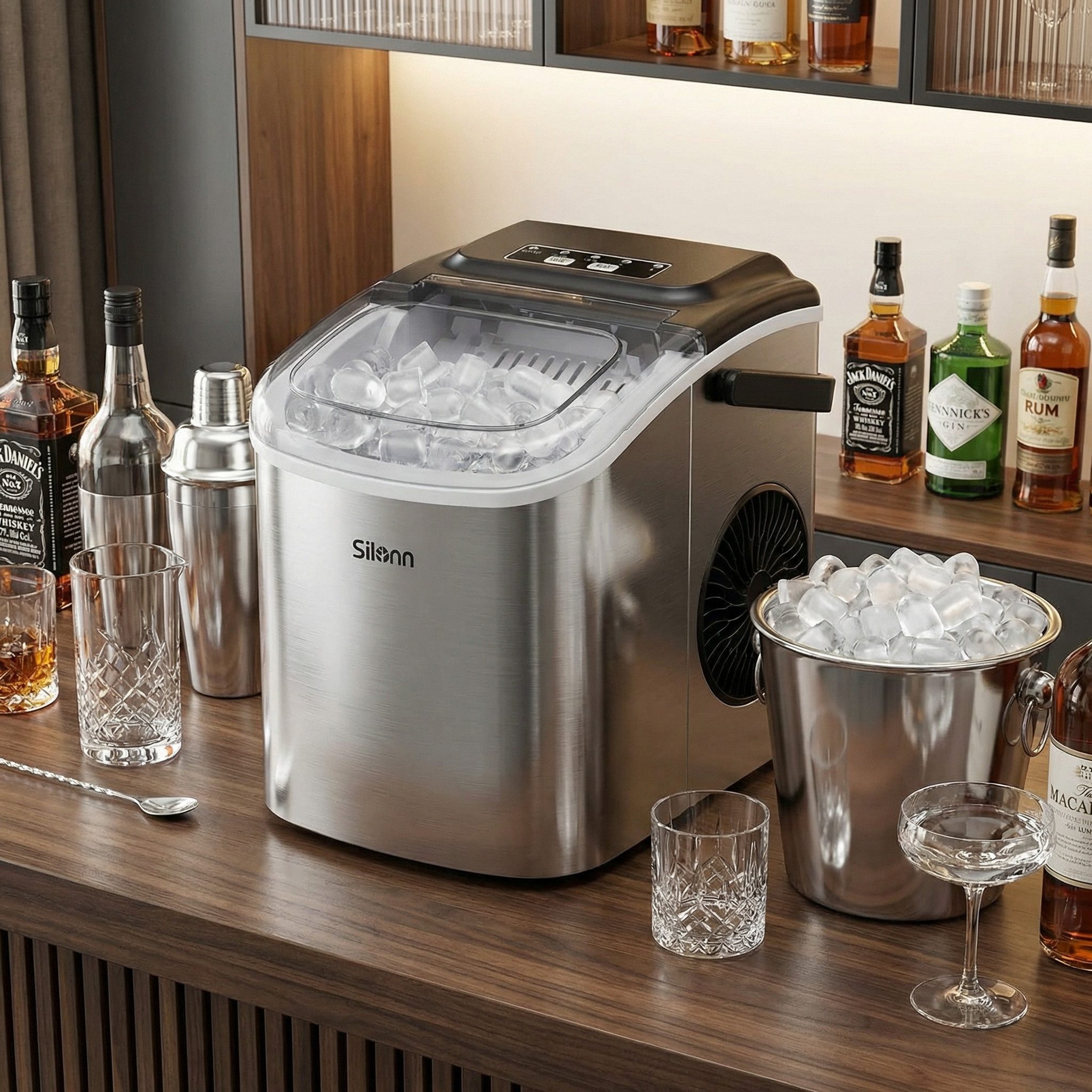 Silonn Eiswürfelmaschine Tragbar Eiswürfelbereiter – 6-minütige Eisherstellung, 2 Eisgrößen, 12kg/Tag, Selbstreinigend, LED-Anzeige – Für Haushalt, Camping & Party