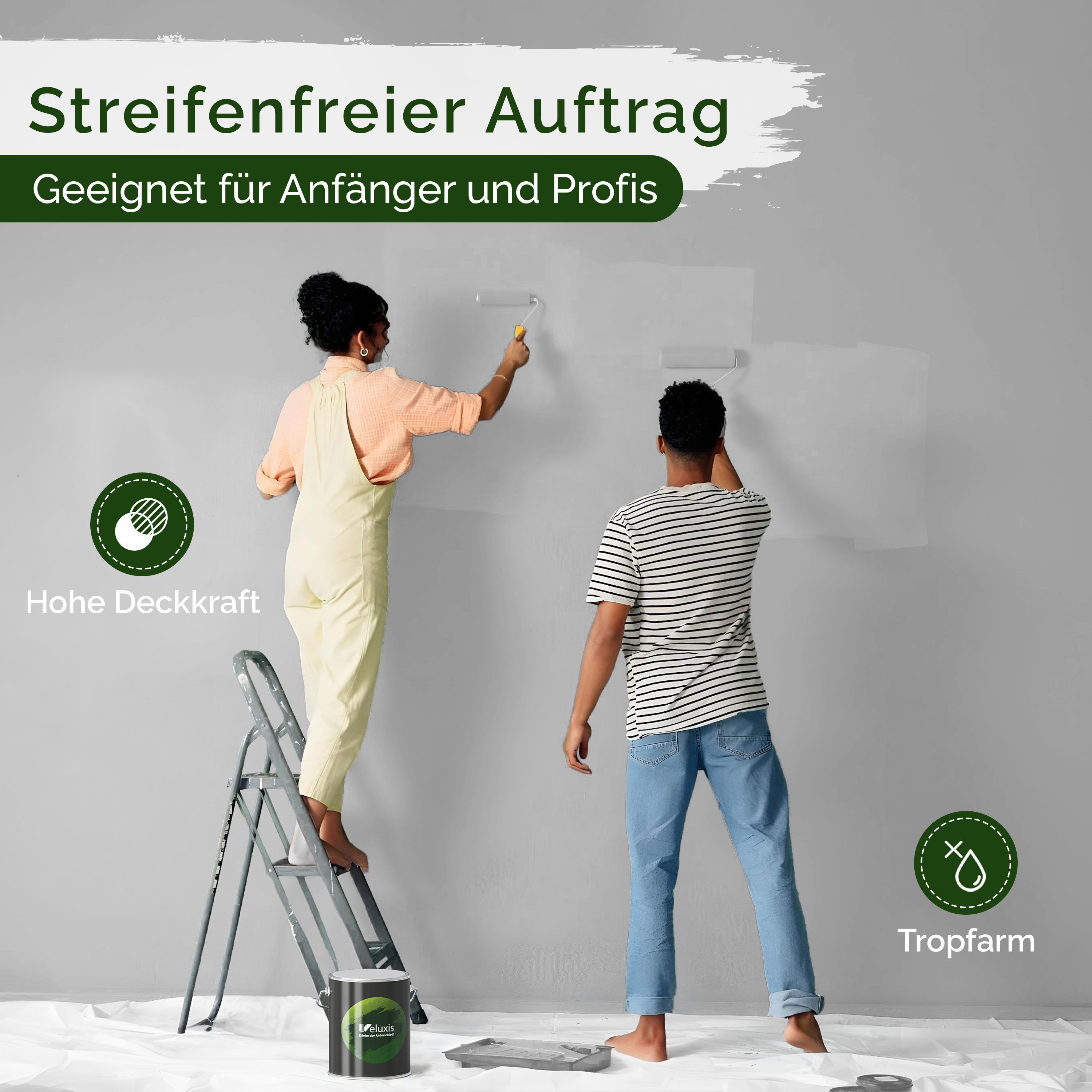Veluxis Wandfarbe Veluxis® Edle Wandfarbe, für den Innenraum - Deckkraft-Klasse 1, Streifenfrei & tropfarm