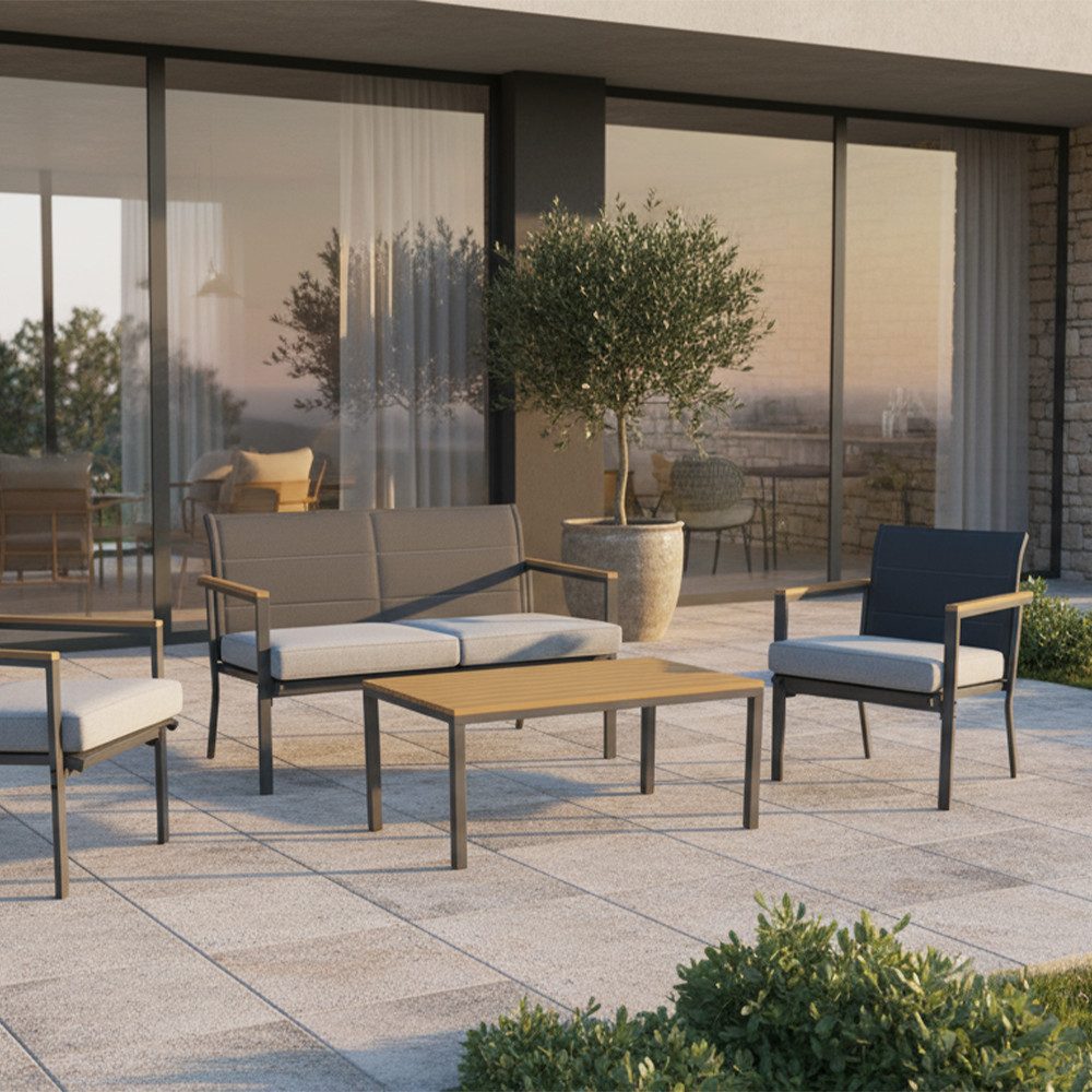 acamp Gartenlounge-Set Sitzgruppe 4-teilig, Sofa & 2 Sessel, Polywood, witterungsbeständig, (Spar-Set, 4-tlg., 4-teilig: Sofa, 2 Sessel & Tisch), wetterfest, witterungsbeständig, Polywood Armlehnen, Rostschutz