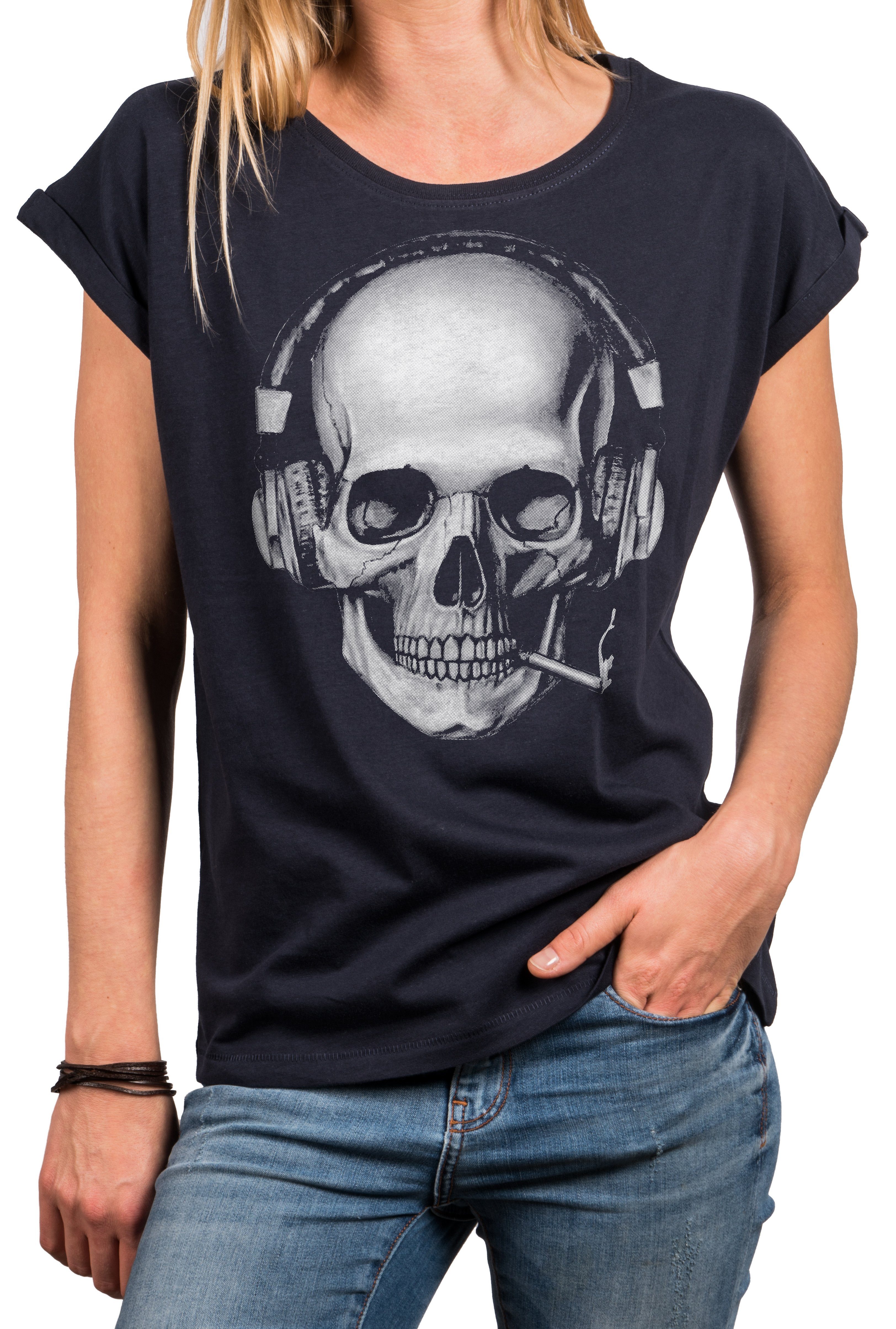 Baumwolle, Gothic Cooles Damen große (Kurzarm, MAKAYA Blau, Skull - Top Größen Print-Shirt Rundhals, Schwarz, Grau) T-Shirt Design Aufdruck mit Totenkopf