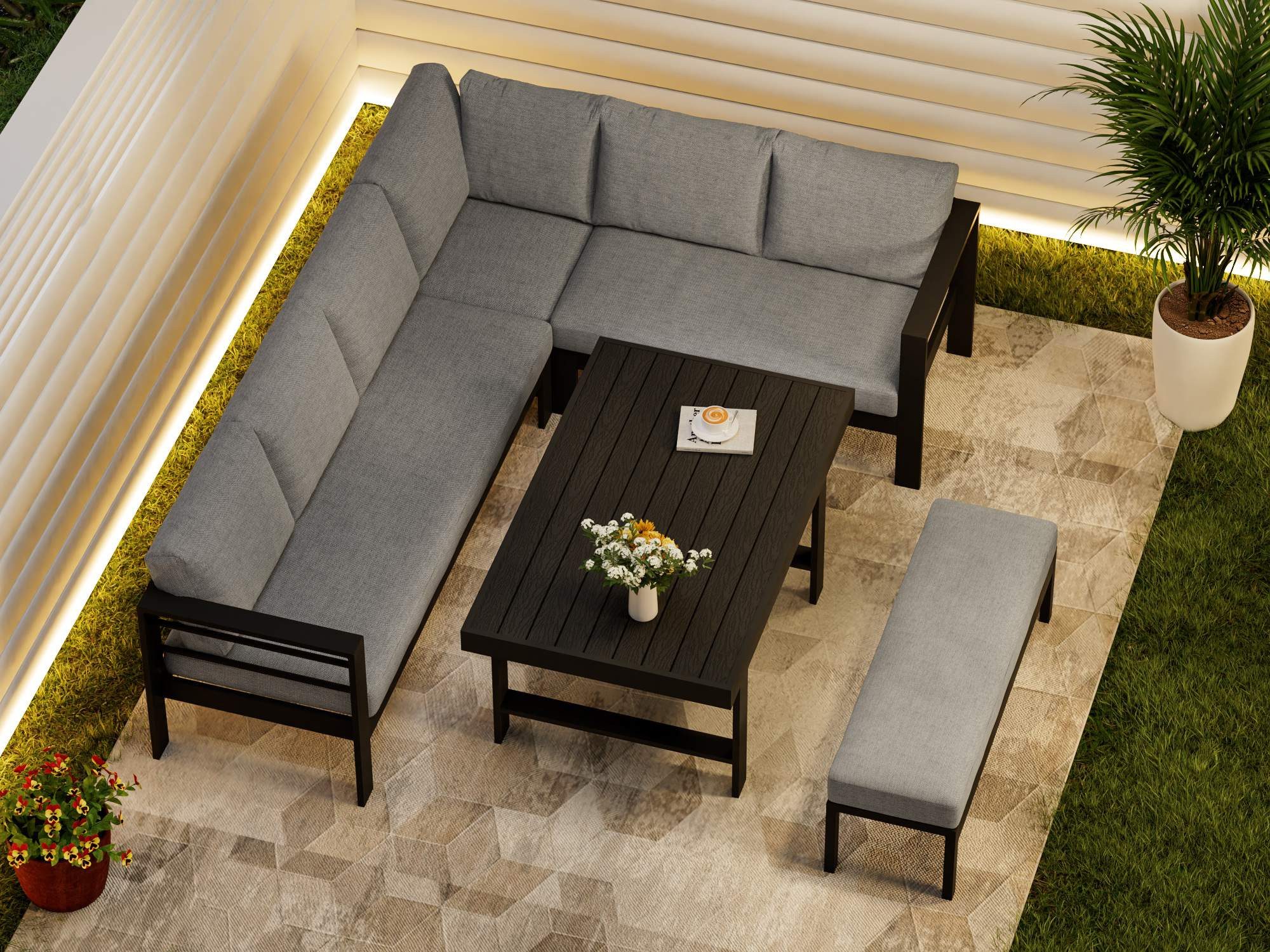 MeXo Gartenlounge-Set XXL Outdoor Lounge Set mit Esstisch, (wetterfeste modulare Ecklounge aus Aluminium, 5-tlg., Gartenmöbel Set für 6-8 Personen), 12cm Deluxe – Bild 5 von 5