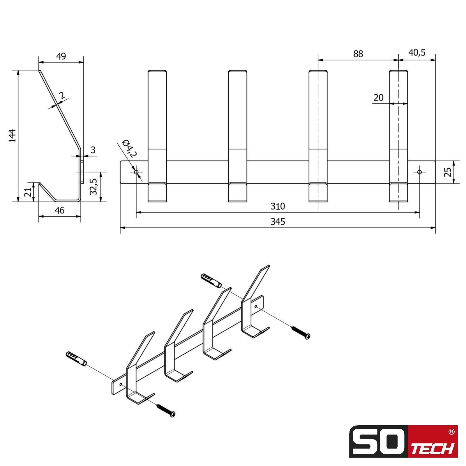 SO-TECH® Garderobenleiste Hakenleiste Blackline ALBA schwarz pulverbeschichteter Stahl (1 St), Breite 345 mm mit 4 Haken groß, inkl. Befestigungsset – Bild 5 von 5