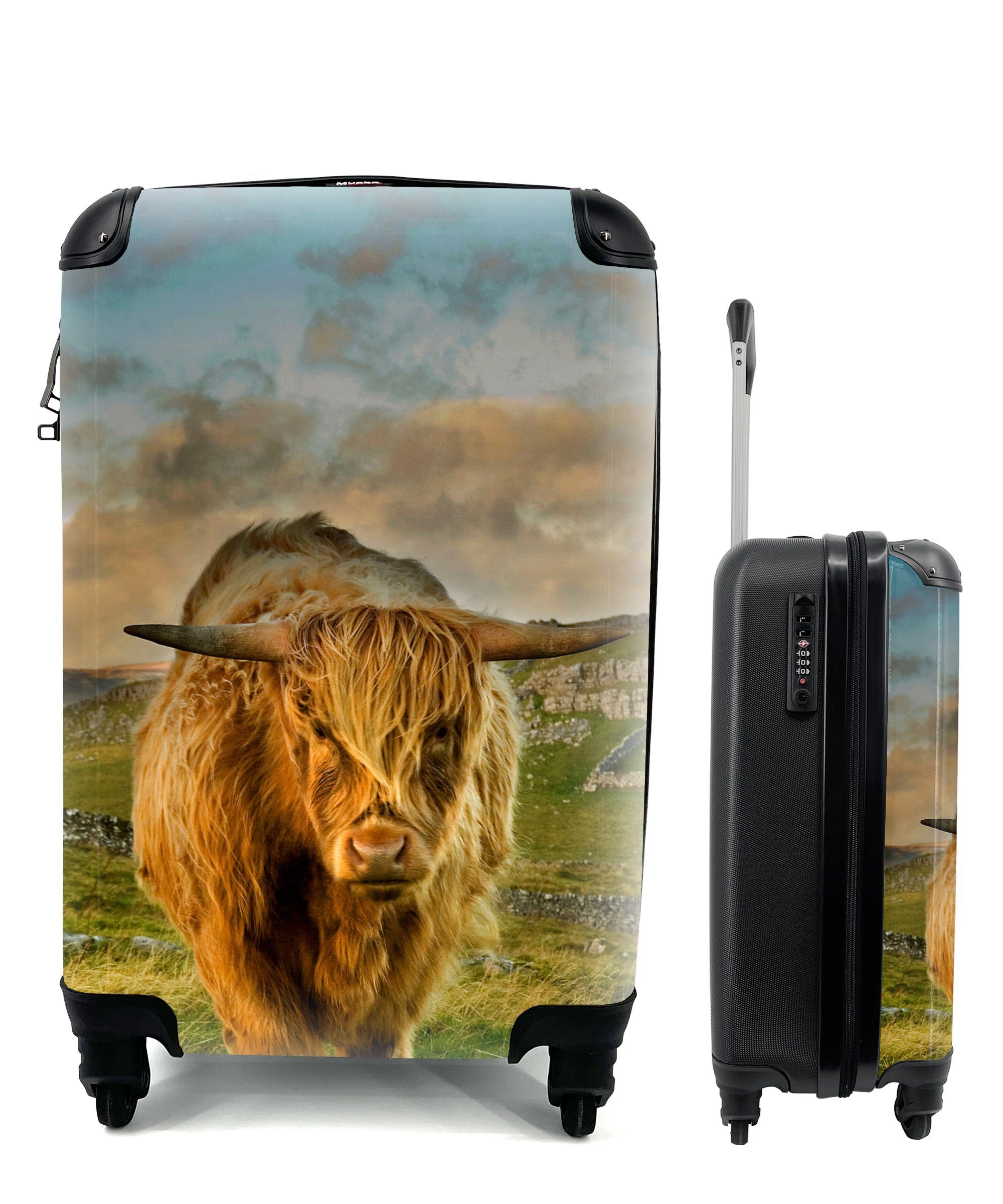 Schottischer Highlander Ferien, Handgepäckkoffer mit Berg, Reisekoffer Handgepäck Reisetasche - für Trolley, - Gras MuchoWow rollen, Rollen, 4