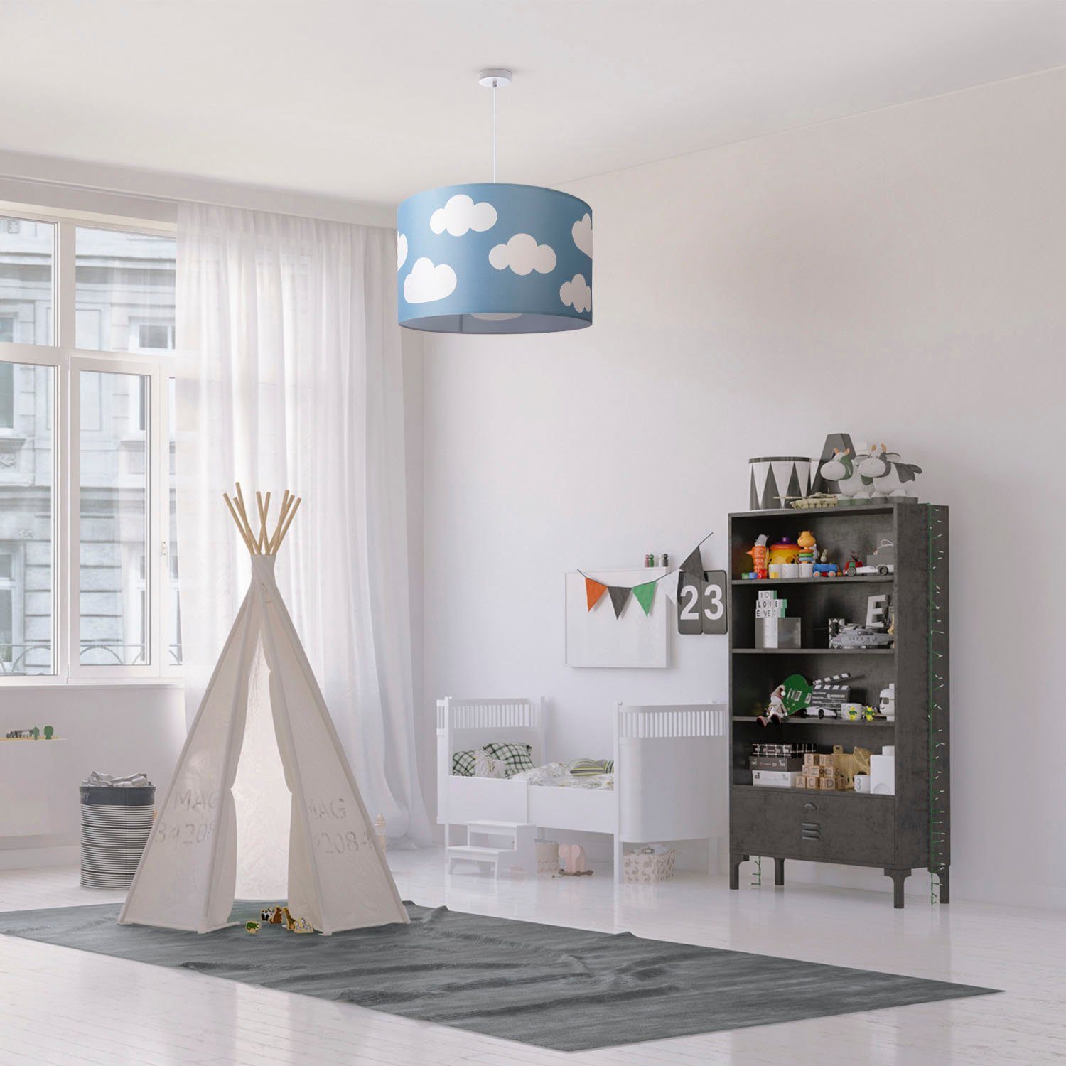 Paco Home Pendelleuchte Hugo Cosmo, Himmel Leuchtmittel, Wolken Pendellampe Lampenschirm ohne Kinderzimmer Rund E27 Stoff