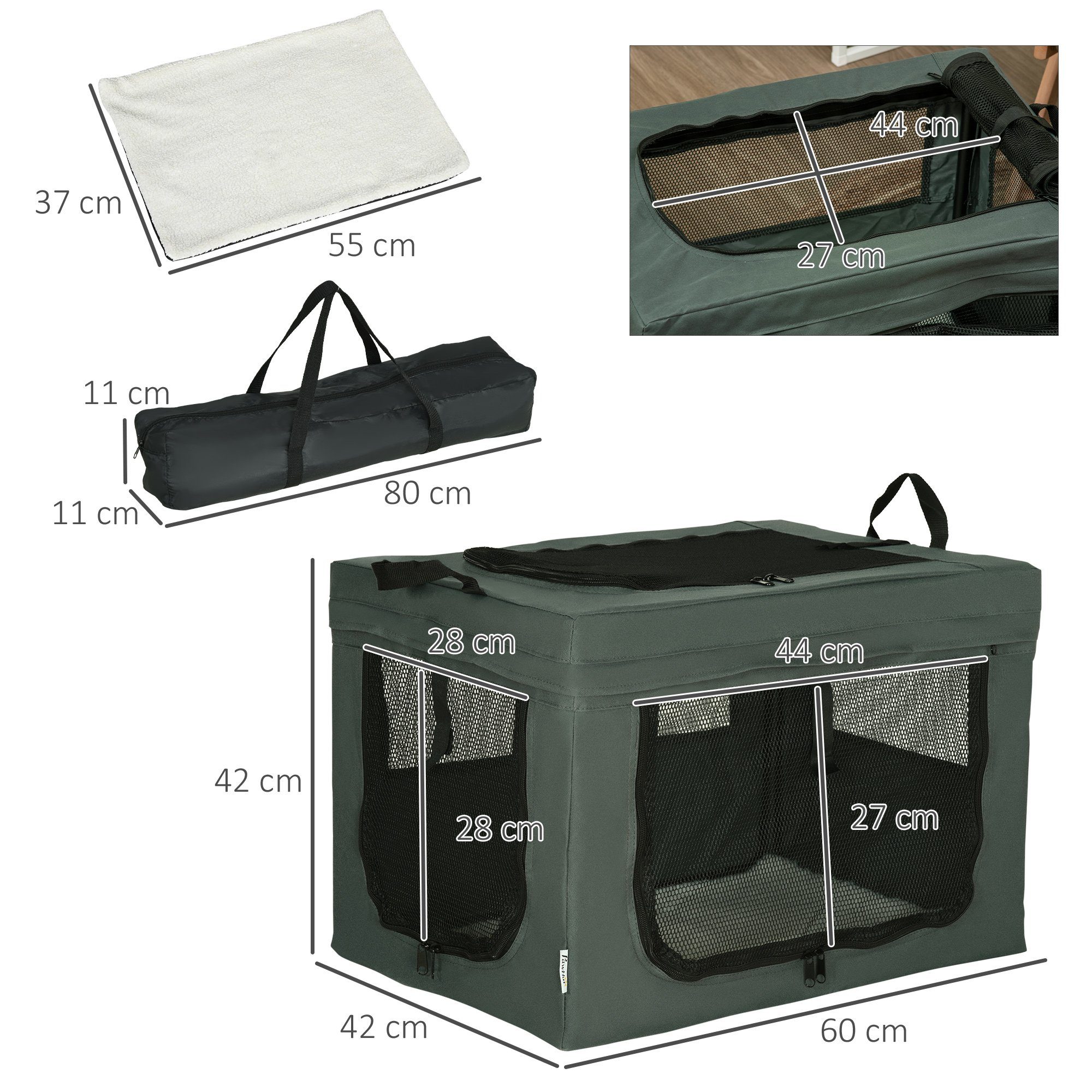PawHut Tiertransportbox Haustierbox mit Meshfenster bis 4 kg, Grau 60 x 42 x 42 cm
