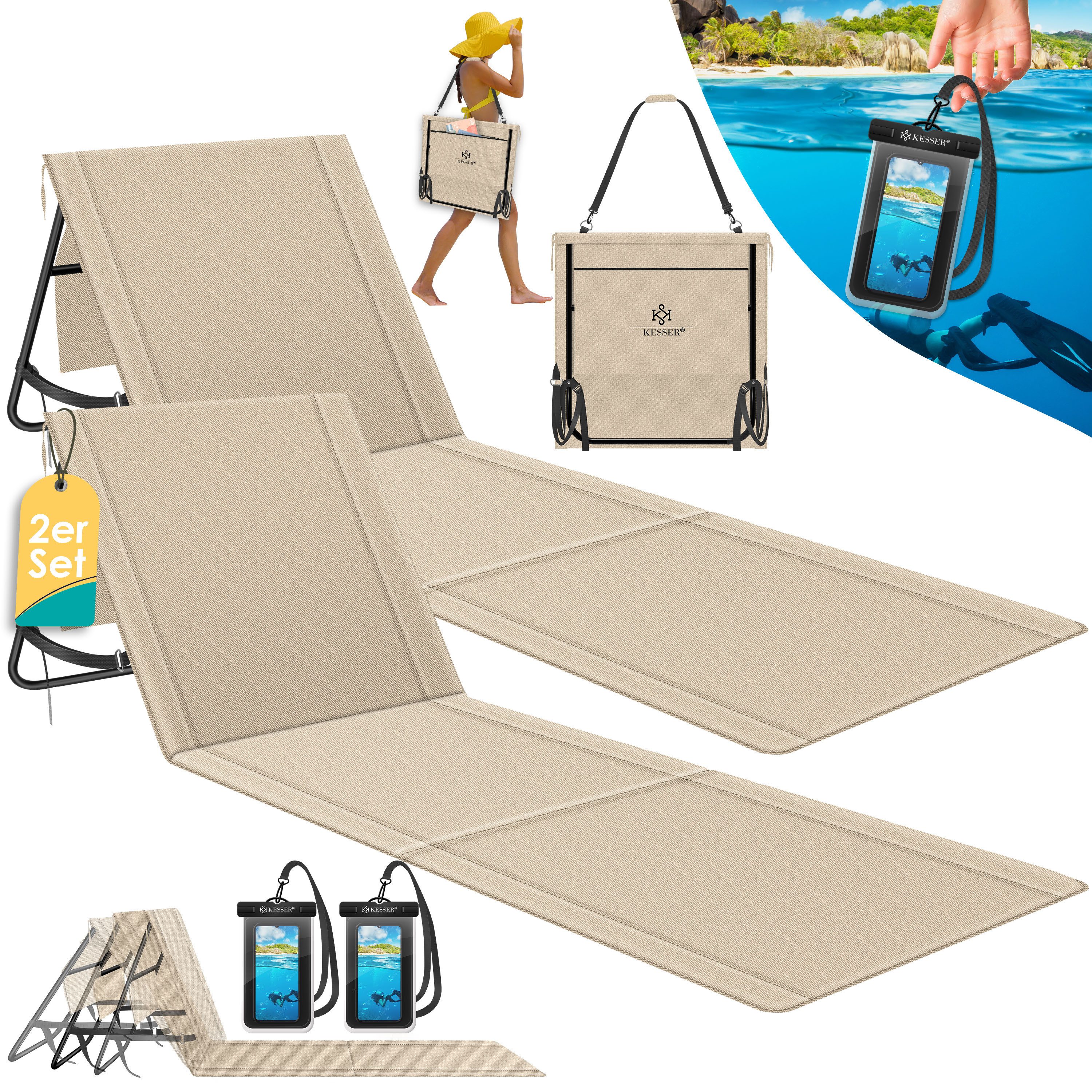 KESSER Gartenliege Strandmatte klappbar mit verstellbarer Rückenlehne max. 130 kg, 2 St., Strandliege mit Tragegurt, wasserdichter Handyhülle & Tragetasche, Sonnenliege faltbar für Strand, Garten & Terrasse Liegematte