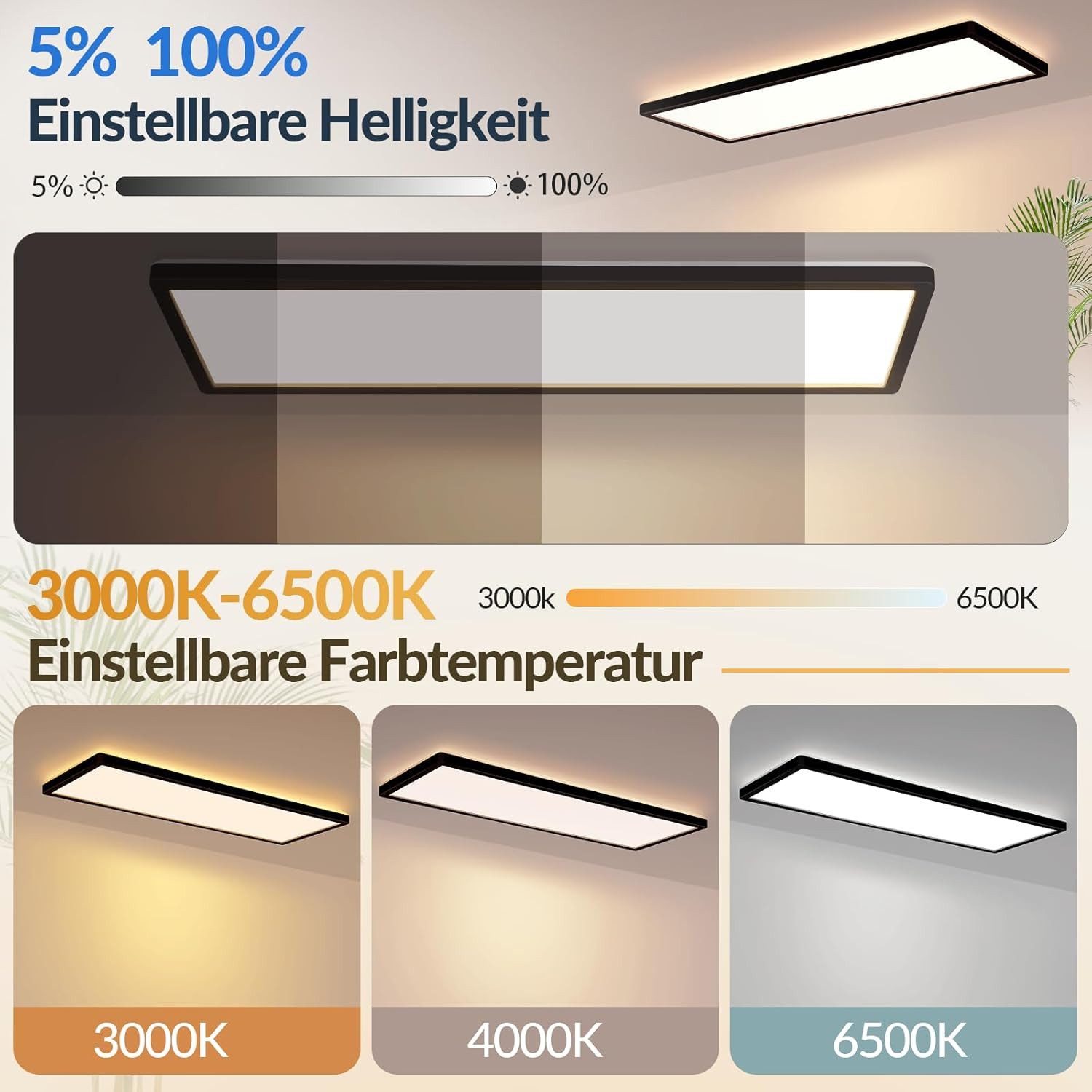 Nettlife LED Panel Schwarz/weiß 58x20 cm RGB dimmbar Deckenpanel Bürolampe 22W, LED fest integriert, Warmweiß Neutralweiß Kaltweiß, Farbwechsel Backlight für Werkstatt, Flur, Küche, Wohnzimmer