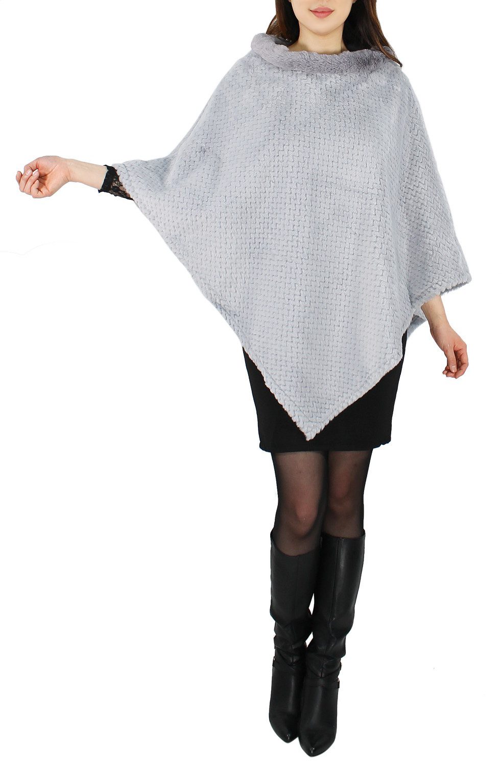 dy_mode Poncho Eleganter Damen Poncho in Kunstfell-Optik Cape Umhang Überwurf in Unifarbe