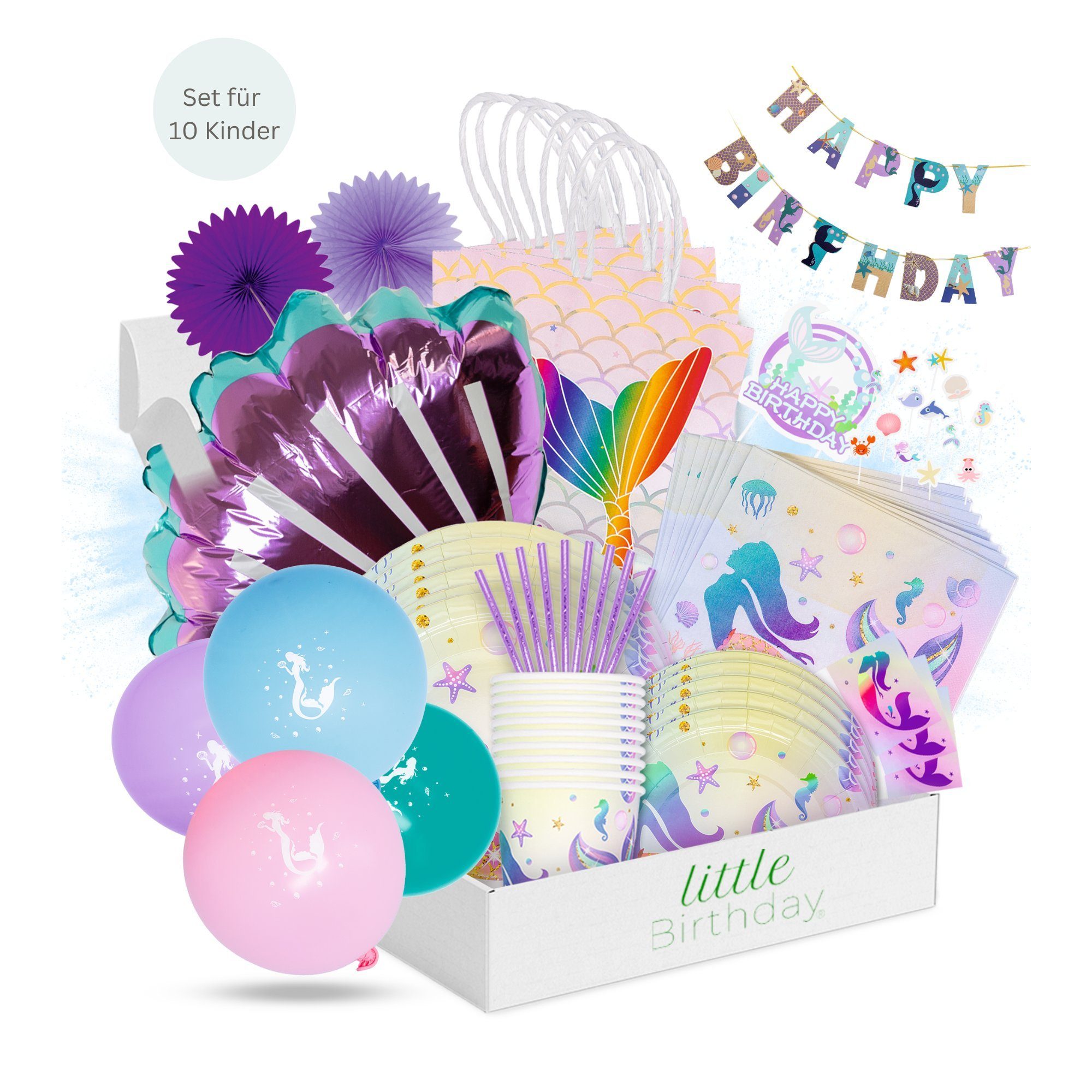 little Birthday Papierdekoration little Birthday - Meerjungfrau Mottobox für Kindergeburtstag, für 10 Kinder, 142 Teile aus einem Set