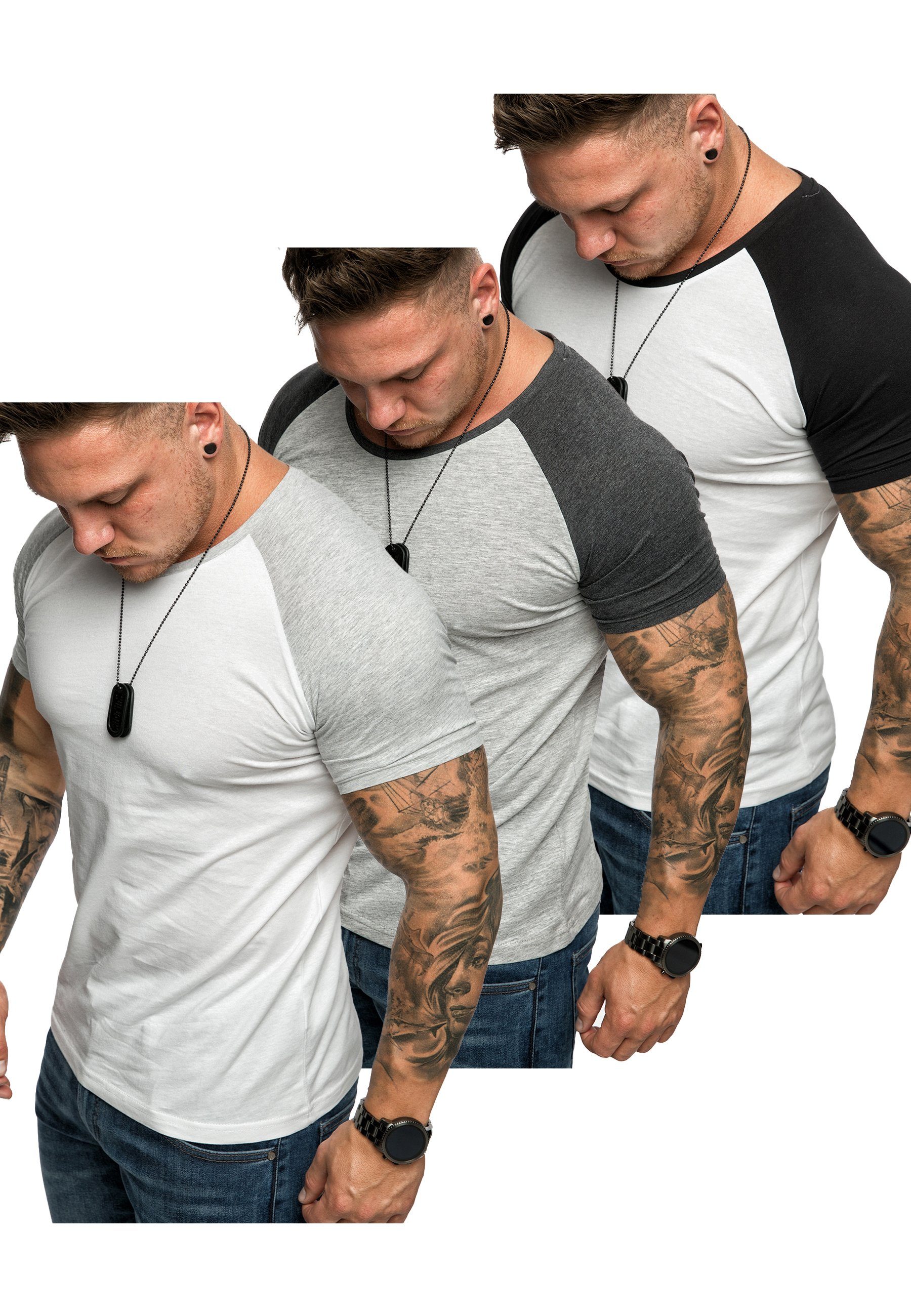 Amaci&Sons T-Shirt 3. SALEM 3er-Pack T-Shirts (3er-Pack) Herren Basic Oversize Kontrast Raglan T-Shirt (Weiß/Grau + Grau/Anthrazit + Weiß/Schwarz)