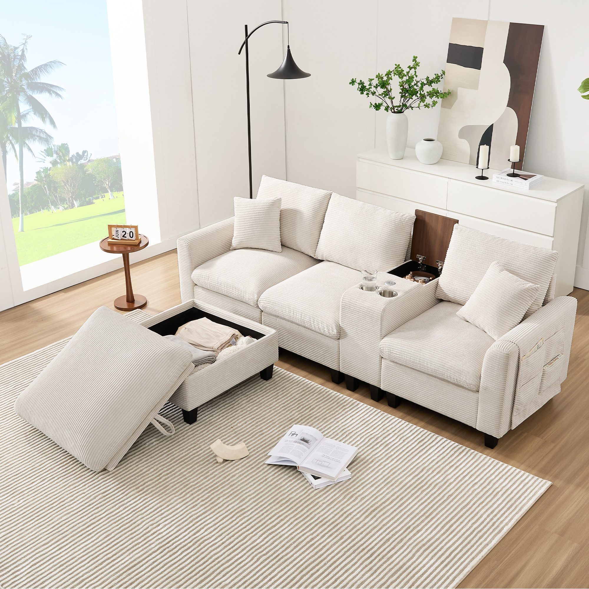 OKWISH Ecksofa L-Form, Umwandelbares Sofa mit Konsole, Set, mit USB Ladeanschlüssen,Aufbewahrungstasche, Kissen, 2 Becherhaltern