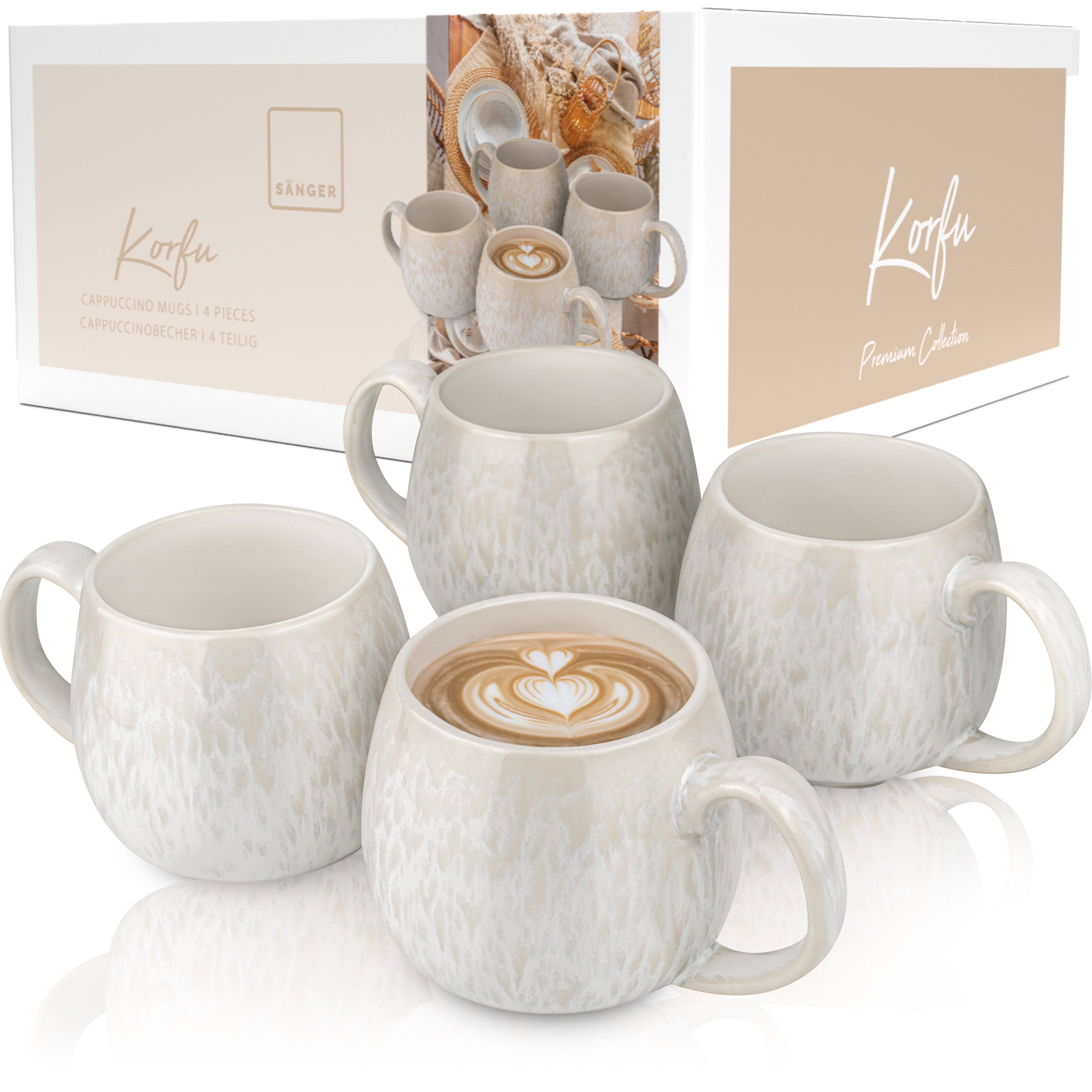 SÄNGER Becher Korfu Kaffeebecher Set (4-teilig), Steingut, 300ml, Creme Farben, Handmade, Premium Collection