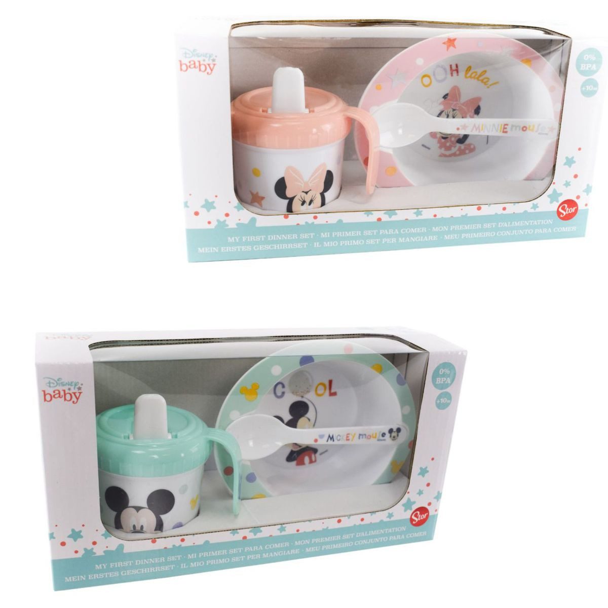 Stor Kindergeschirr-Set Disney Baby Kindergeschirr & Trinklernbecher mit Mickey / Minnie Motiv (3-tlg), 1 Personen, BPA-freies, lebensmittelechtes Material, für Mikrowellen geeignet