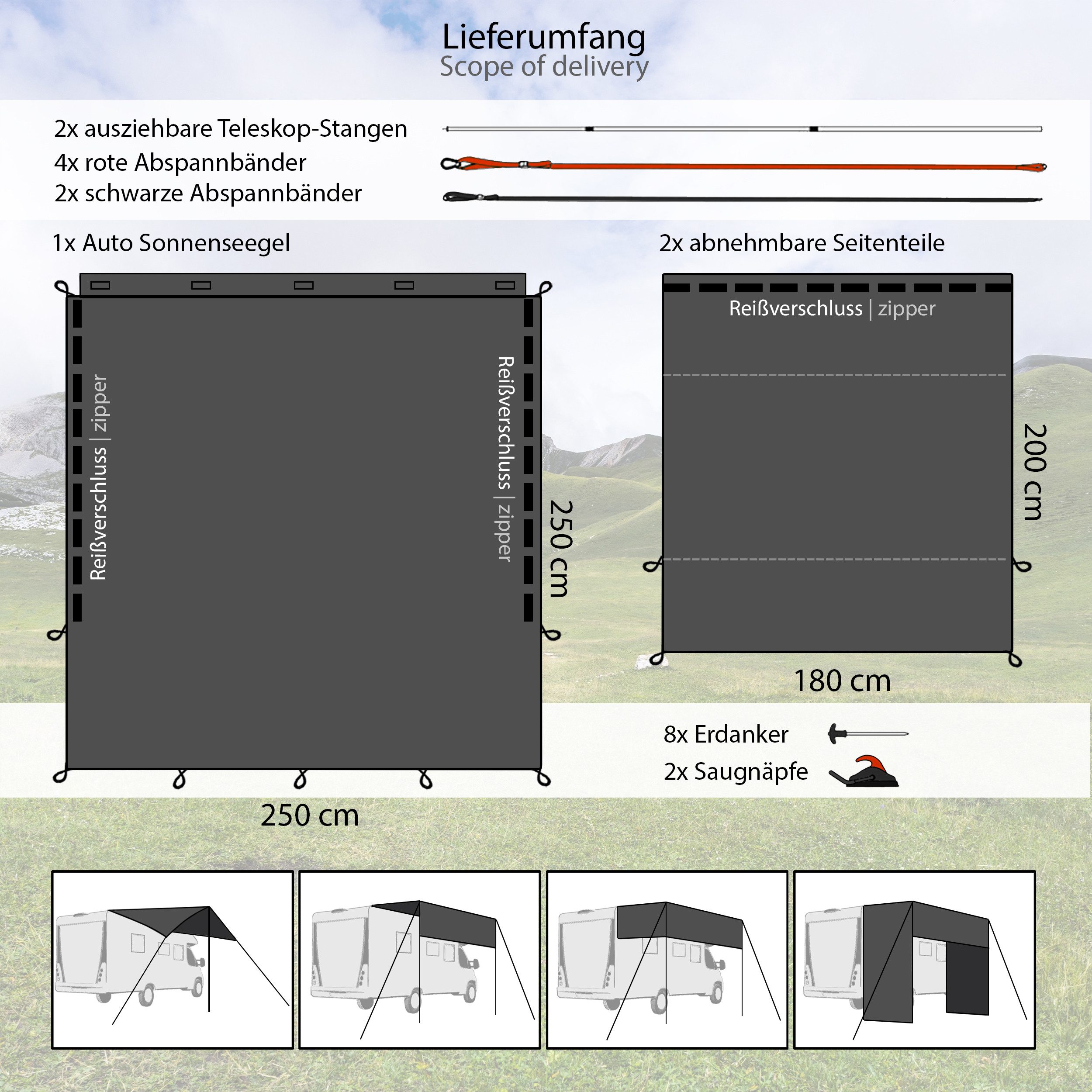ONVAYA Sonnensegel Auto-Sonnensegel, Schutz vor Wind, Regen, Sonne, 6 Aufba günstig online kaufen