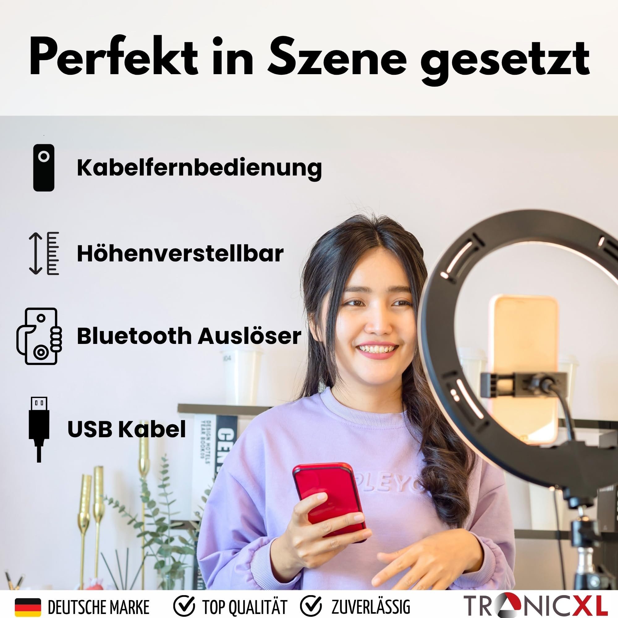 TronicXL Ringlicht Ringlicht mit Premium Stativ Selbstauslöser für iPhone Handy Halterung, RGB LED Bluetooth Smartphone Kamerastativ Tripod Ringleuchte