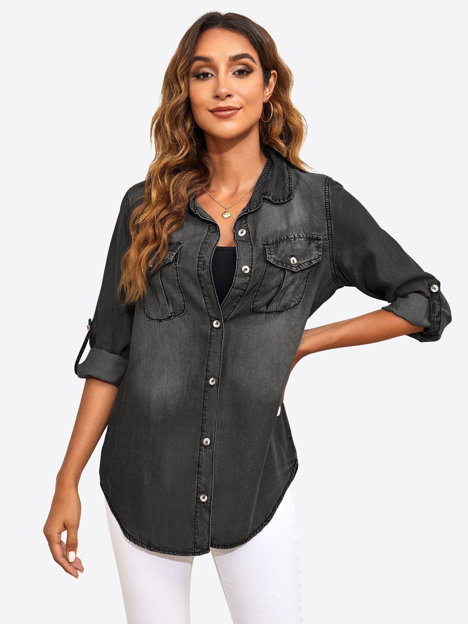 Imily Bela Blusenshirt Damen Lässige Button-Down-Hemdbluse (Packung, 1-tlg., 1per-Pack) mit Baumwolle