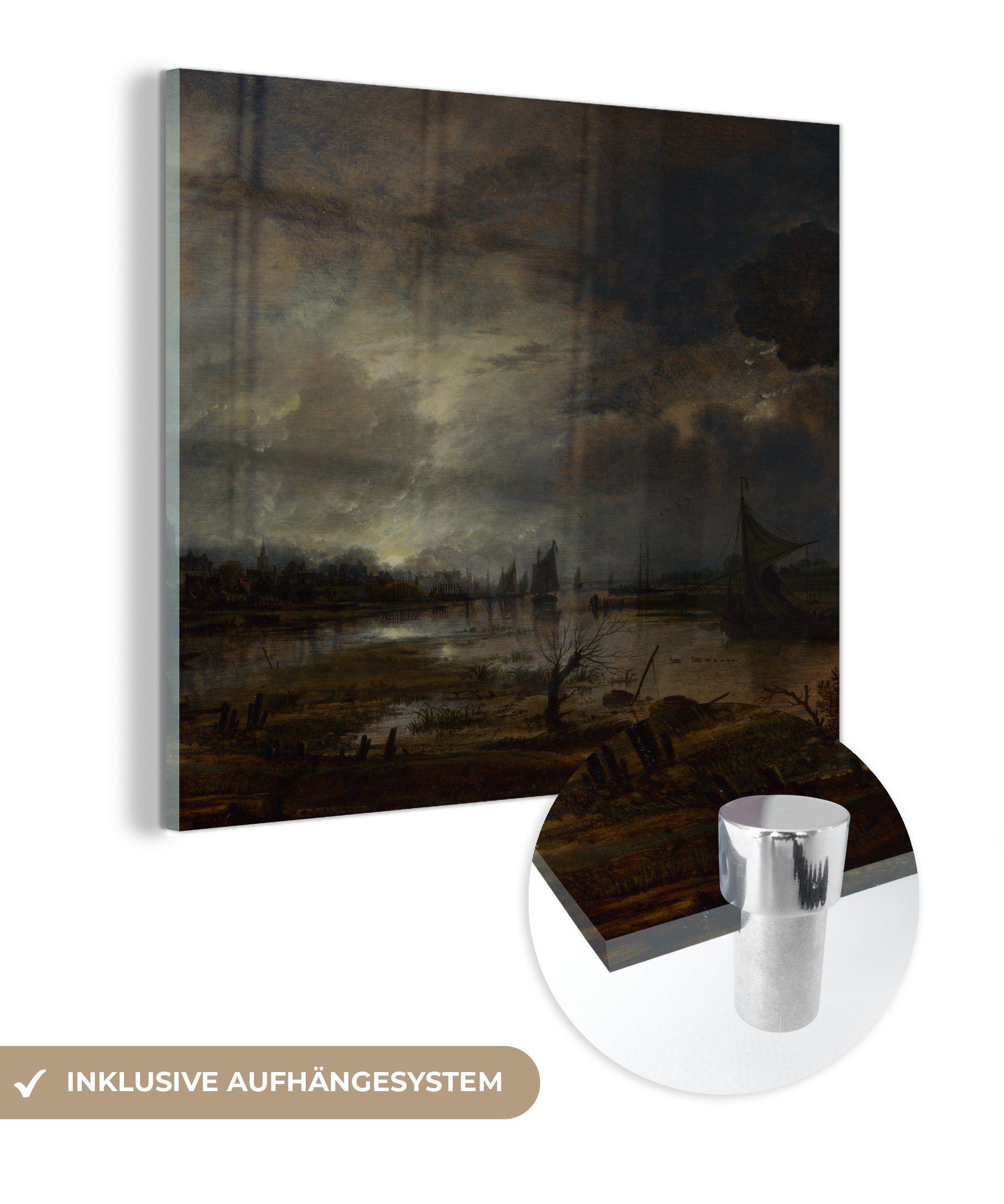 MuchoWow Acrylglasbild Flusslandschaft mit Mondschein - Gemälde von Aert van der Neer, (1 St), Glasbilder - Bilder auf Glas Wandbild - Foto auf Glas - Wanddekoration