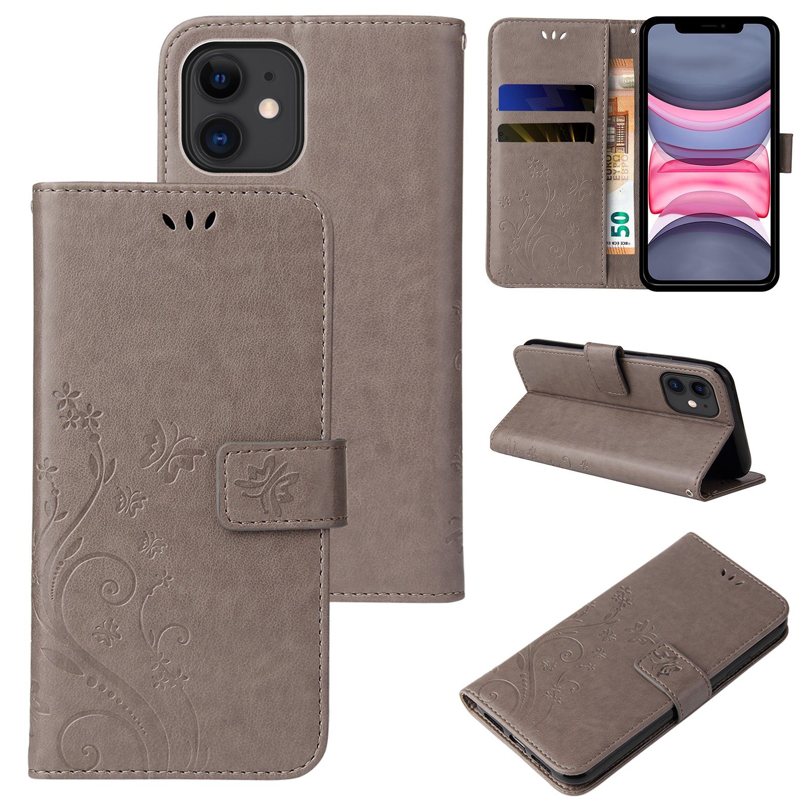 Tec-Expert Handyhülle Cover Tasche Hülle für Apple iPhone 11 6,1 Zoll, Klapphülle Case mit Kartenfach Fliphülle aufstellbar, Motiv Blumen