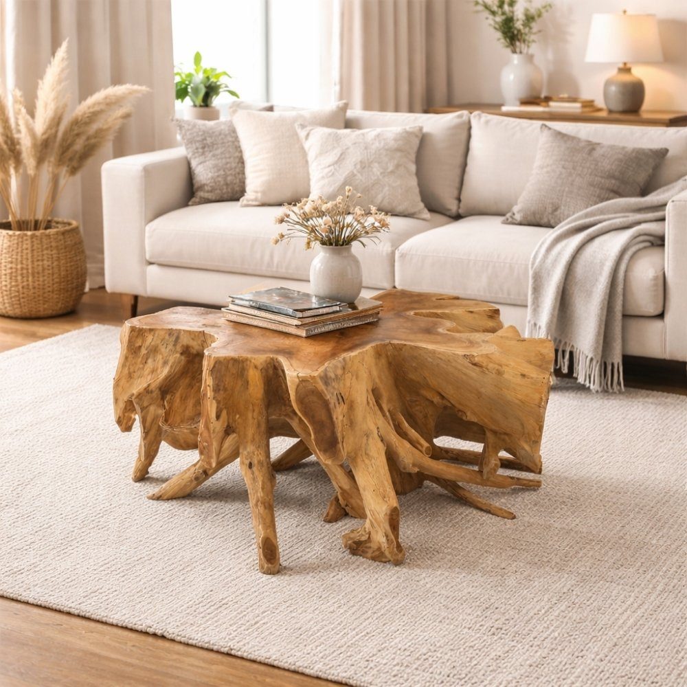 LebensWohnArt Couchtisch Unikat Teak Couchtisch AKAR Natural ca.80cm Natural Beistelltisch