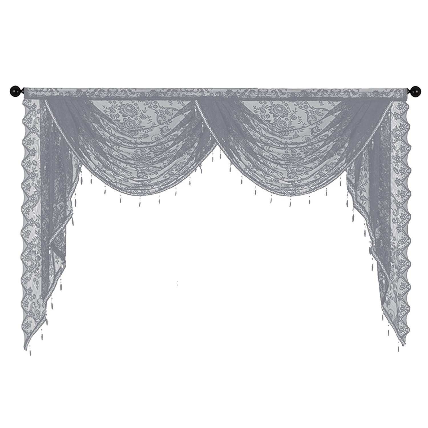 Refttenw Scheibengardine Spitze Wasserfall Fenstervolant mit Perlenquasten, Blumenstickerei (1 St), Stangendurchzug, halbtransparent, Grau, 150 x 105 cm
