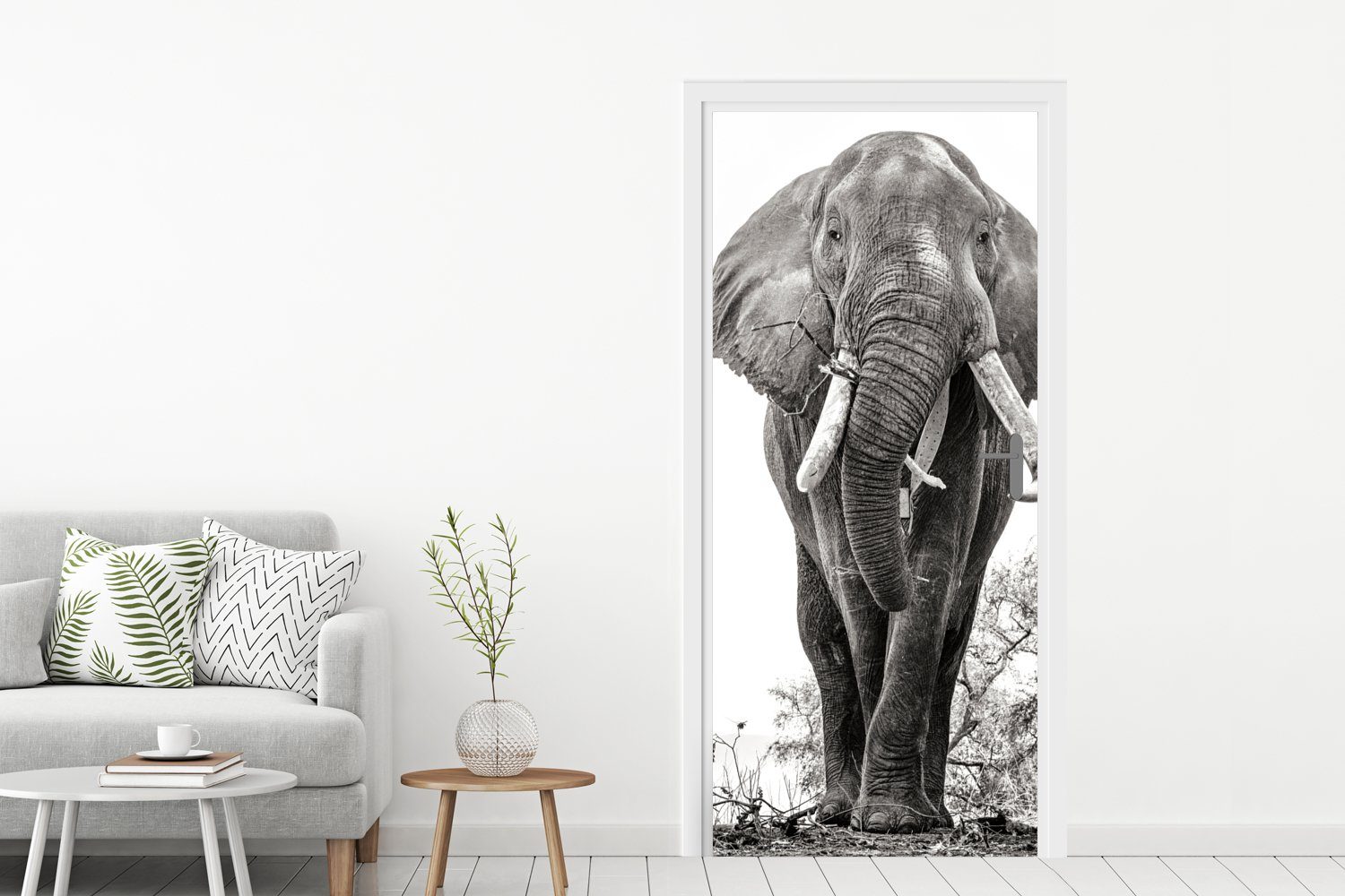 75x205 Tiere Porträt Schwarz Elefant - Fototapete St), MuchoWow - cm Matt, (1 - weiß, bedruckt, für und Türtapete Tür, Türaufkleber,