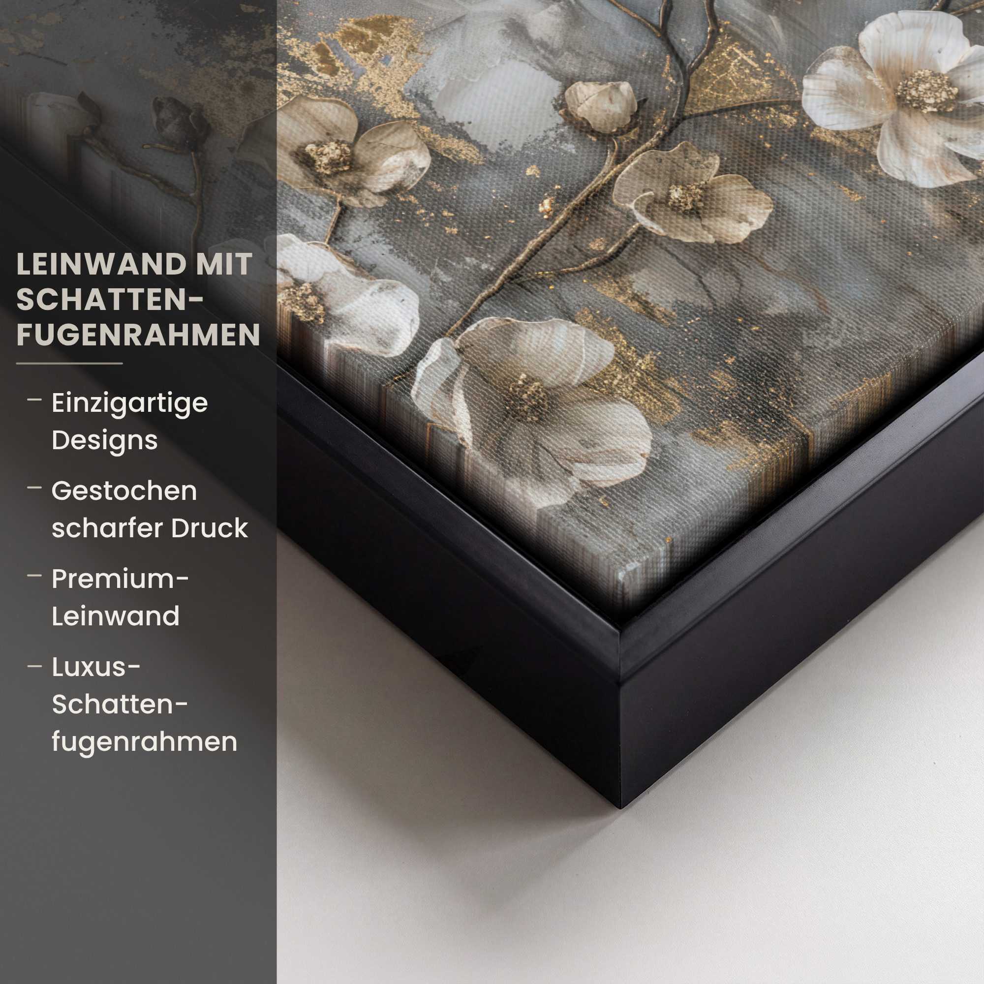 OneMillionCanvasses® Leinwandbild mit Rahmen - Blumen - Weiß - Grau - Gold - Luxus, Fotodruck (1 St), Leinwand Bilder Klein, Wand Dekoration Aesthetic 20x20cm – Bild 3 von 5
