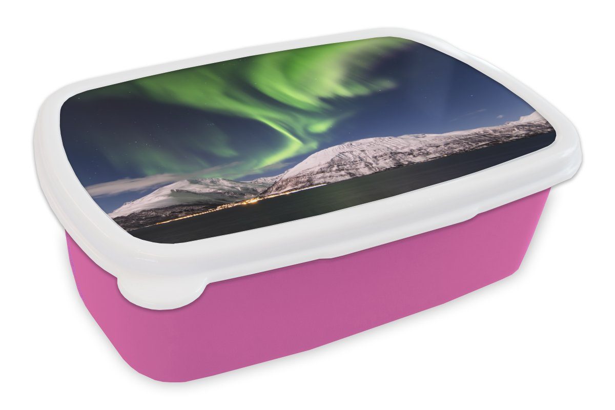 MuchoWow Lunchbox Nordlichter - Landschaft - Norwegen, Kunststoff, (2-tlg), Brotbox für Erwachsene, Brotdose Kinder, Snackbox, Mädchen, Kunststoff rosa