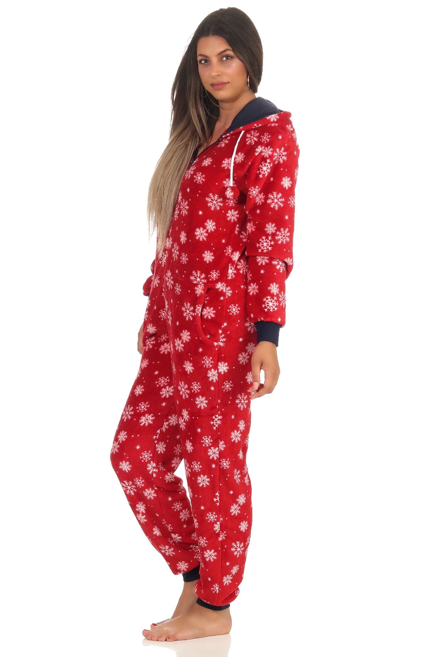 Normann Pyjama Wunderschöner Damen Jumpsuit Overall mit Kapuze im winterlichen Look