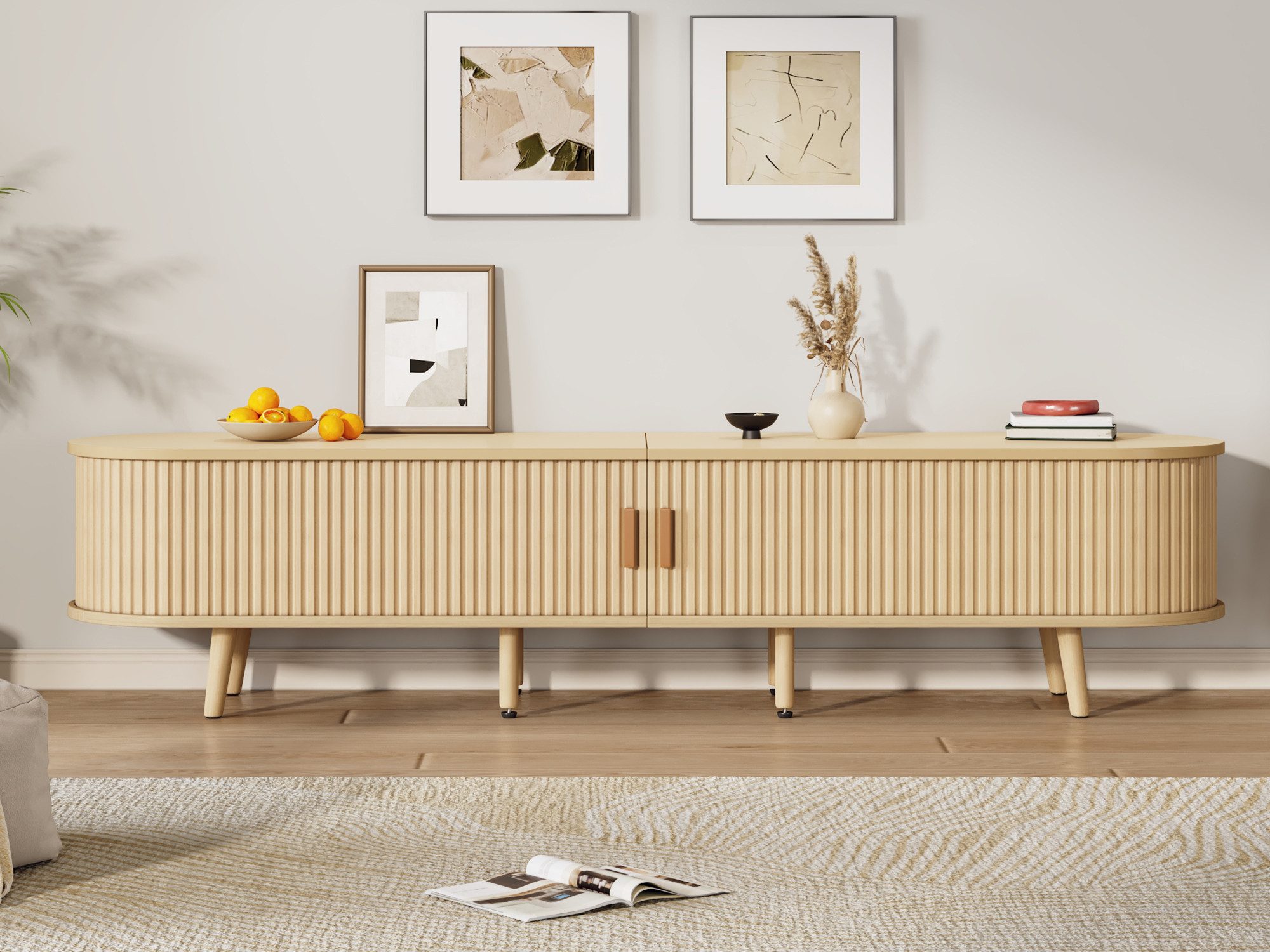 KLAM HOME Lowboard Lowboard TV Schrank Mit Runder Tischplatte Und Teleskop Schiebetüren (Modernes Wohnzimmer Lowboard In Walnuss Optik Mit 2 Schubladen), TV Unterschrank Bis 75 Zoll Mit Stauraum Für Audio Video Geräte