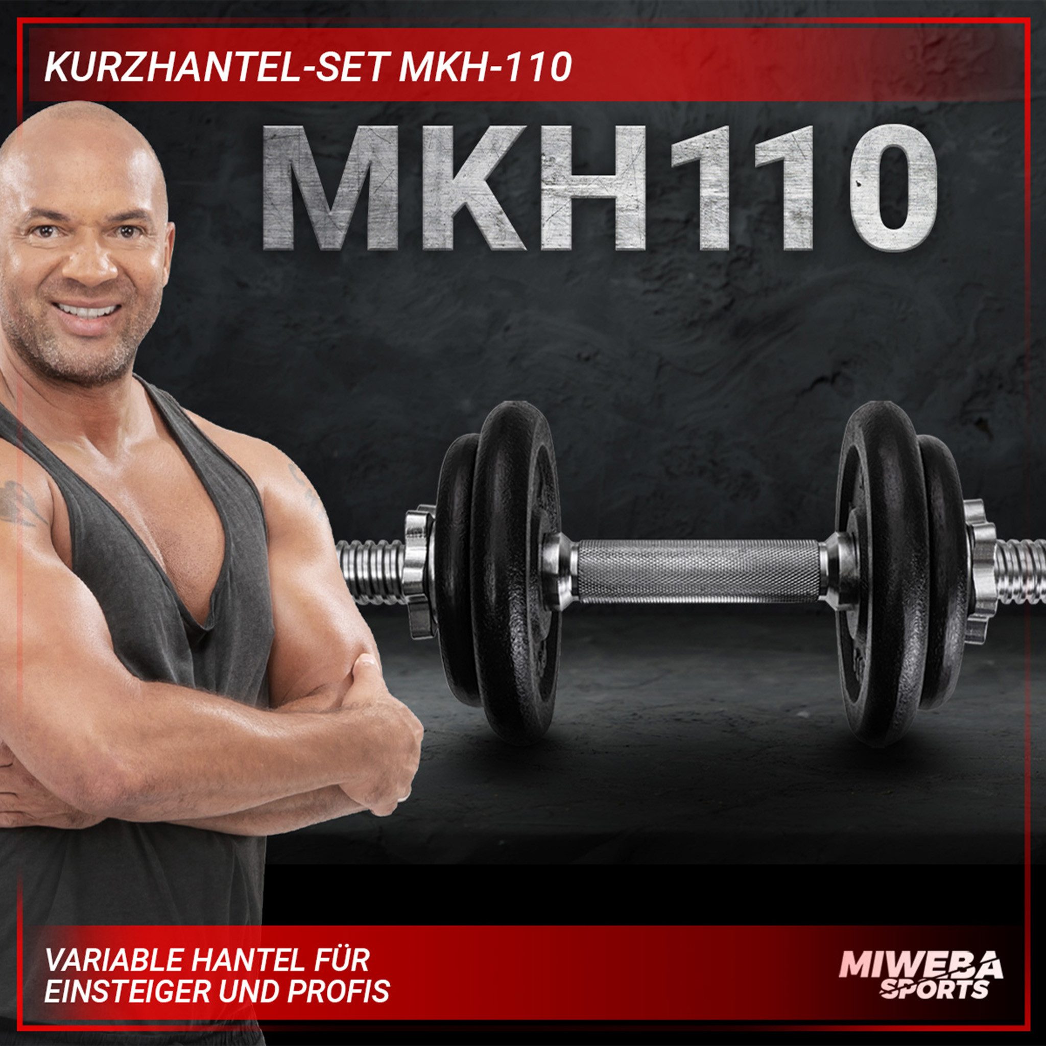 Miweba Sports Hantel-Set Profi Fitness Kurzhantel MKH110, (Hanteln, Hantelpaar, Hantelstange, Gewicht), Rutschfester Griff, Sternverschlüsse für sicheren Halt