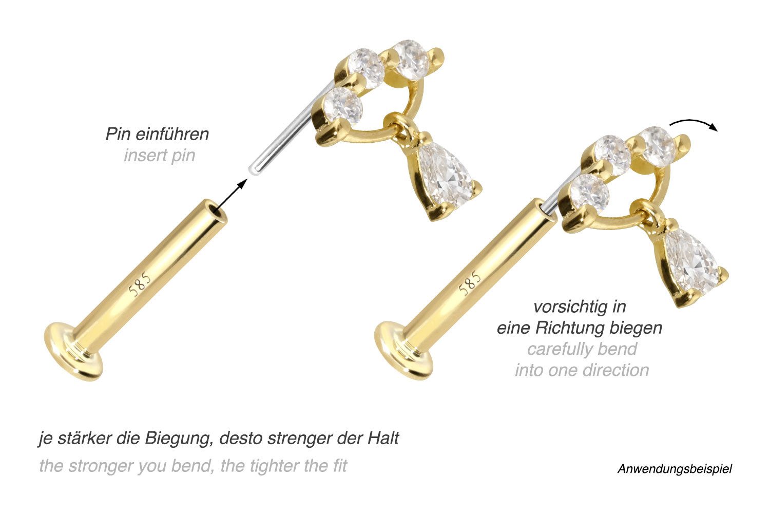 PIERCINGLINE Piercing-Set 14 Karat Gold Labret mit Push Fit MOISSANIT-BOGEN + MOISSANIT-TROPFEN (Labrets, 1-tlg)