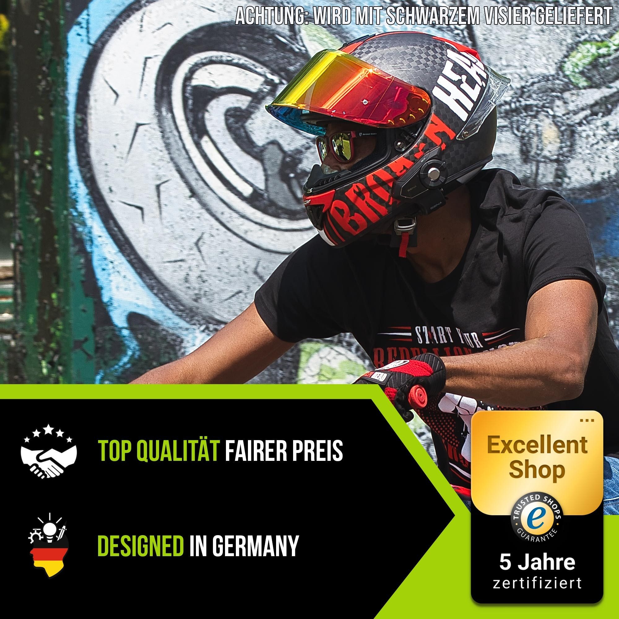 Broken Head Motorradhelm BeProud Race Pro Carbon Red (Mit schwarzem Visier), Mit Spoiler