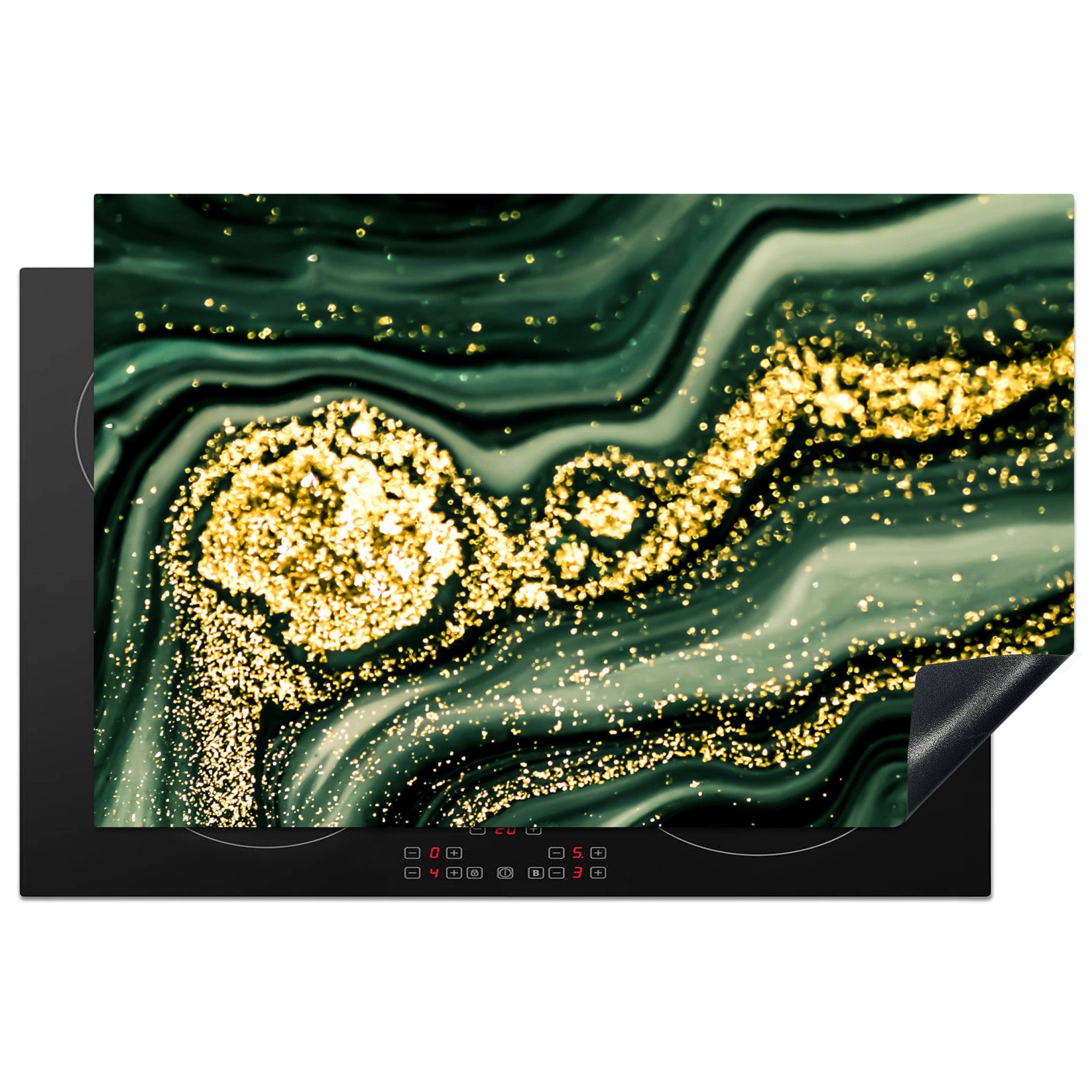 MuchoWow Herdblende-/Abdeckplatte Marmor - Gold - Glitter - Grün - Marmoroptik - Luxus, Vinyl, (1 tlg), 81x52 cm, Induktionskochfeld Schutz für die küche, Ceranfeldabdeckung