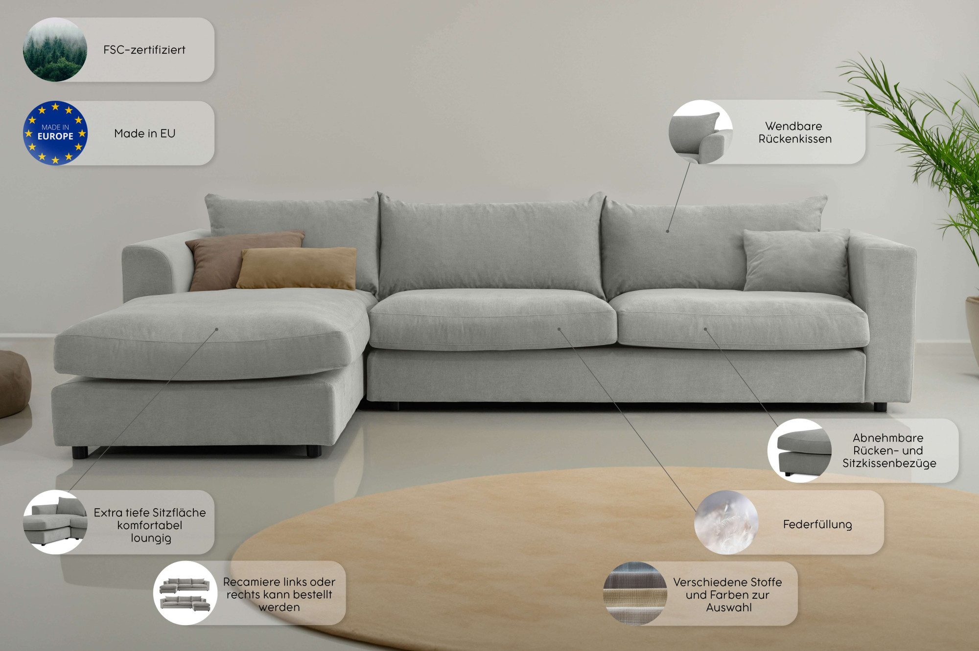 LeGer Home by Lena Gercke Ecksofa Avelina, Breite 297 cm, in Cord- und Chenille- Stoff, Rückenkissen mit Federn