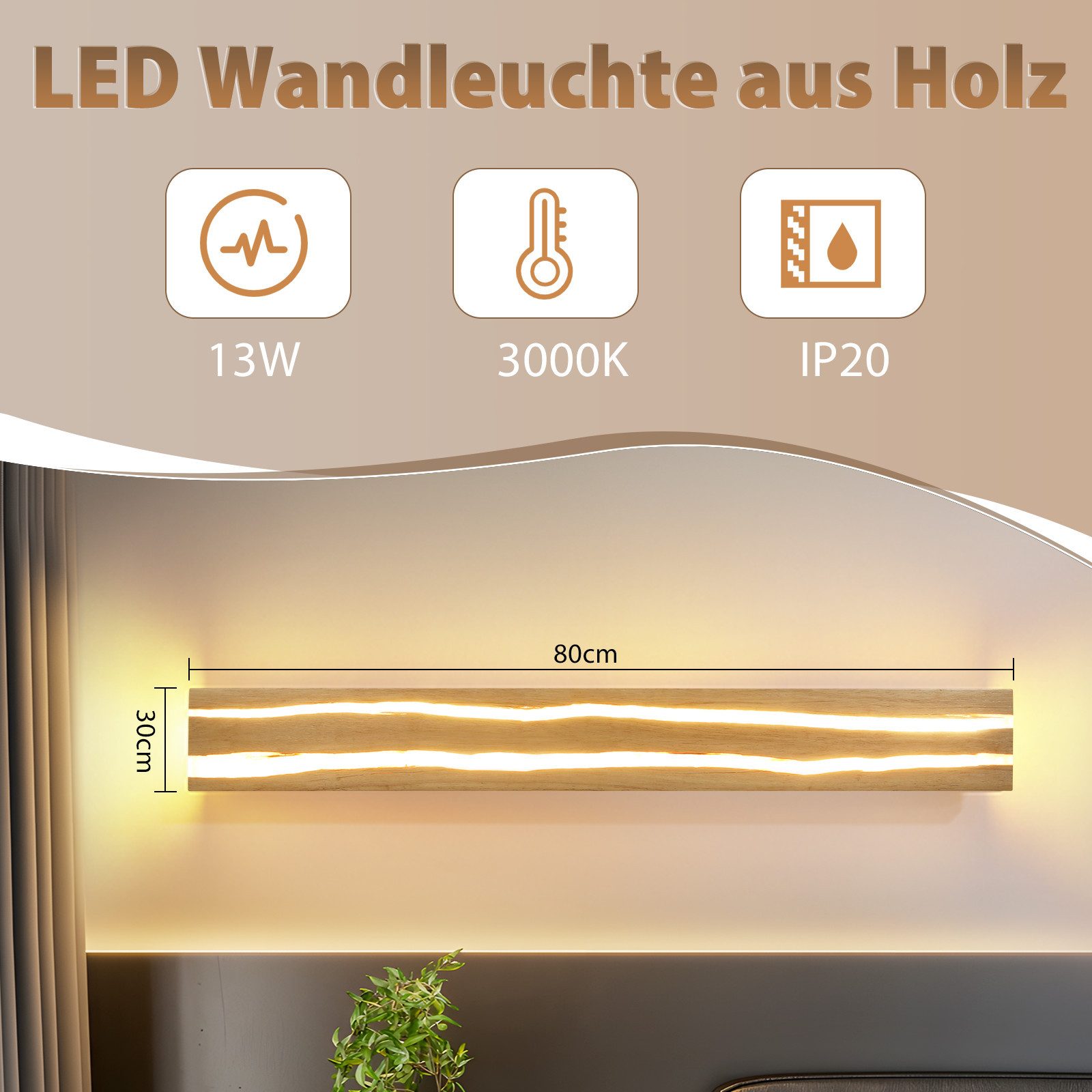 Nettlife Wandleuchte Innen Holz Holzmaserung Natürlichkeit, LED fest integriert, Warmweiß, Schlafzimmer Flur Treppe
