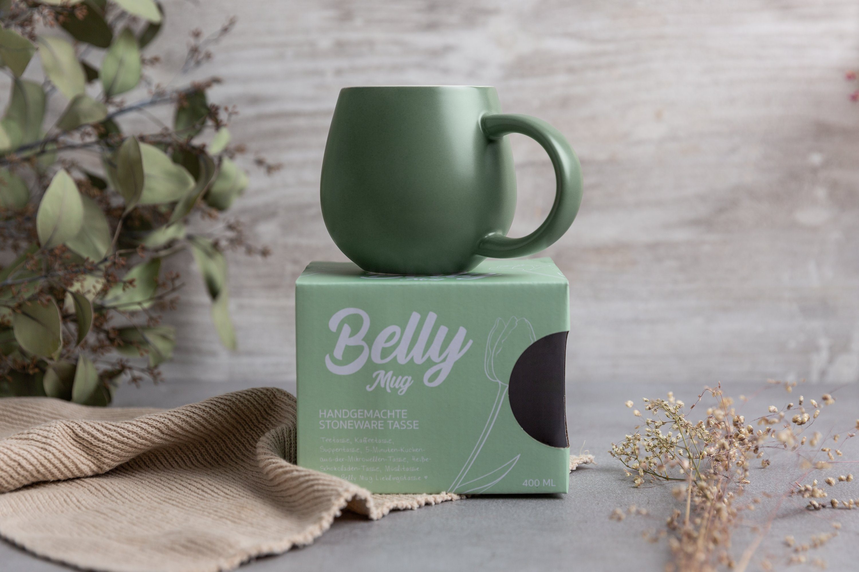 Sallys Tasse Belly Mug, handgemacht 100 aus 400 ml, Green durch % Steingut Wärmespeicher Salbei langer