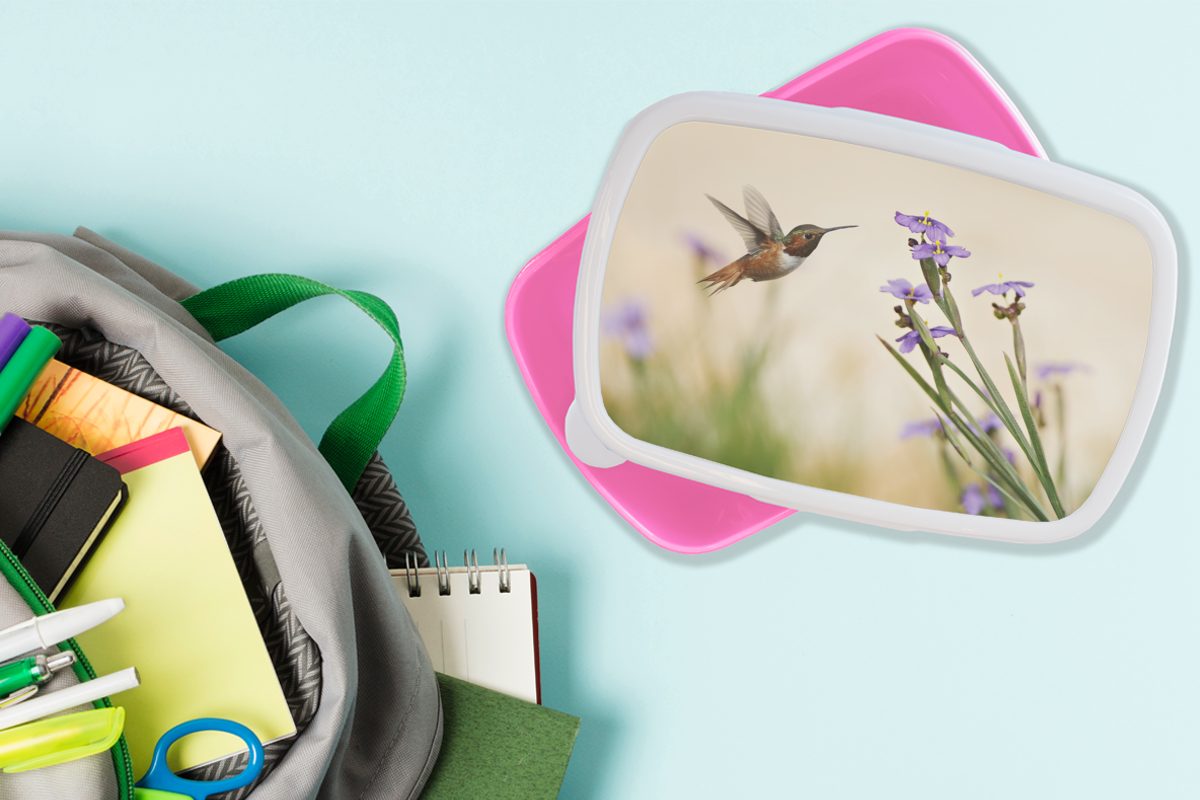 Blumen (2-tlg), Lila, für Kinder, Mädchen, Snackbox, Vogel Erwachsene, rosa - - Kolibri Kunststoff Lunchbox MuchoWow Brotbox - Kunststoff, Brotdose
