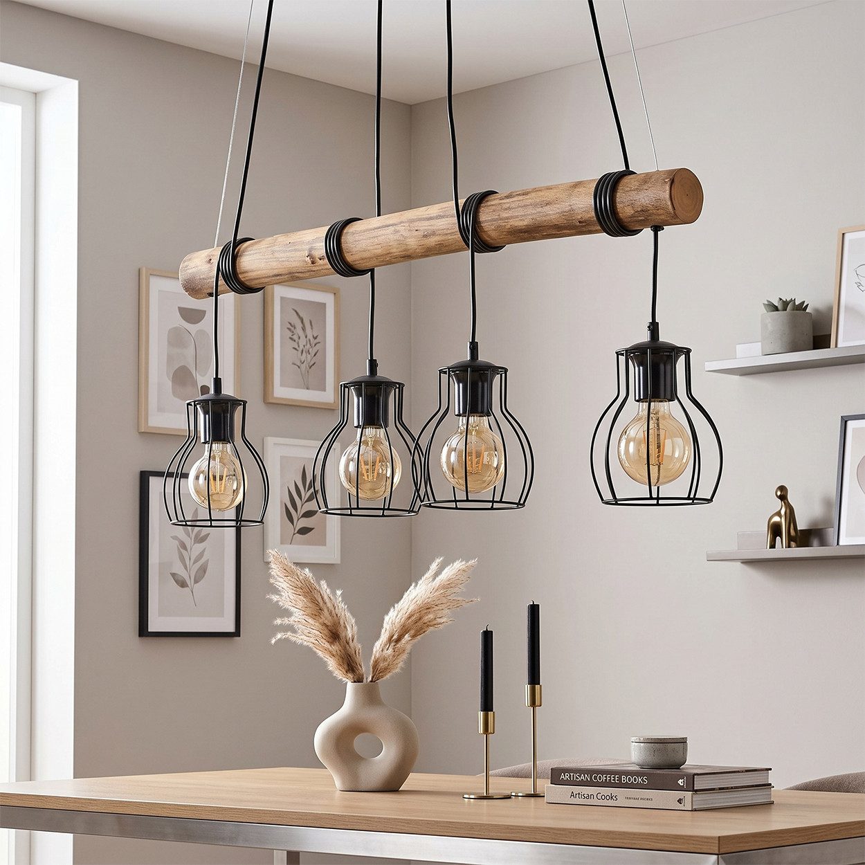 hofstein Pendelleuchte Pendellampe aus Metall/Holz in Schwarz/Naturfarben in Gitter-Optik, moderne Hängeleuchte im Retro/Vintage/Boho-Design, 4 x E27 – Bild 2 von 5